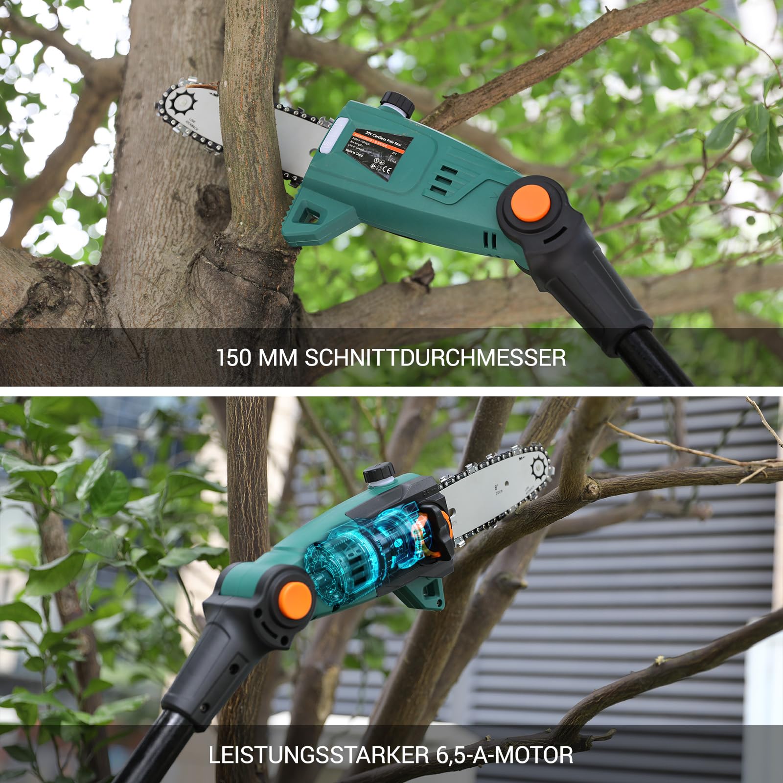 Élagueur sur Perche sans Fil, Perches Élagueuses, Batterie Li-Ion 20 V 4,0Ah/Chargeur, Lame de 24 cm, Vitesse de Chaîne 5 m/s, avec Extension de 68cm & Bandoulière, Tête Inclinable à 30°, Portée 3 m