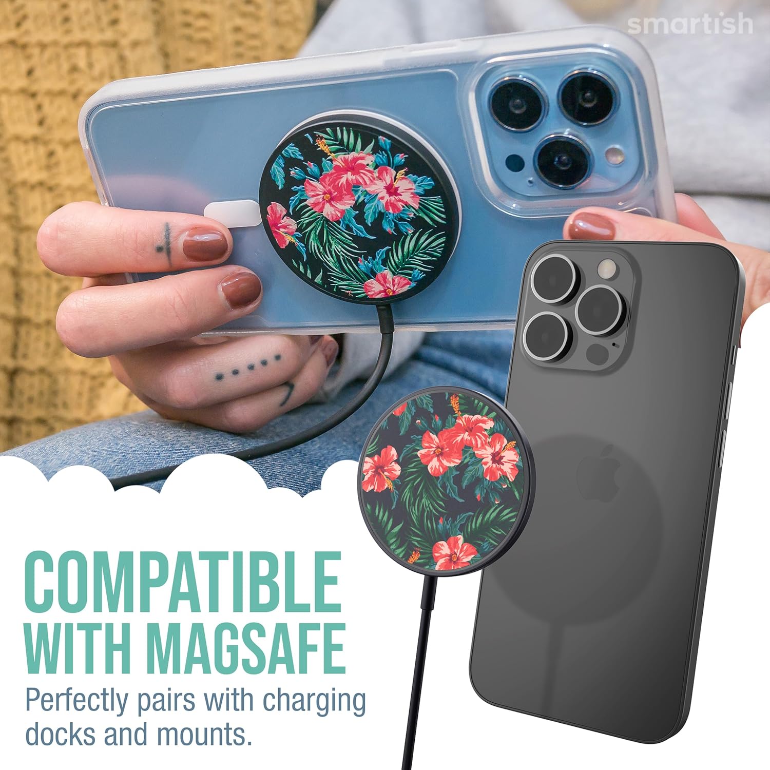 Smartish Wireless Charger Compatible with MagSafe for iPhone 15- Charge Dinghy - 7.5W Fast Charging for iPhone 17/16/15/14/13/12 Series/AirPod 3 [USB-C and USB-A Adapters Included] - Tropical