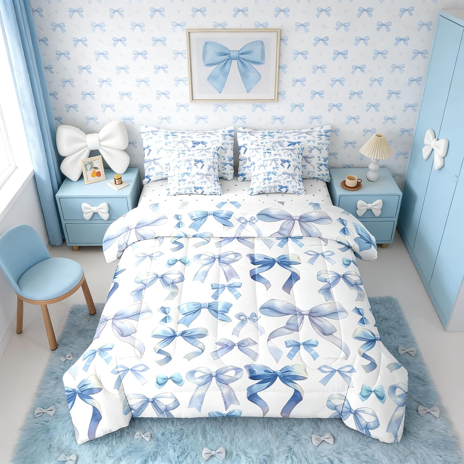 Erosebridal Blue Girly Bowknot Full Comforter Set 7 Pieces | Kids Kawaii Bow Bed in A Bag for Bedroom Ribbon Coquette Bedding Set with Comforters Dreamy Room Decor