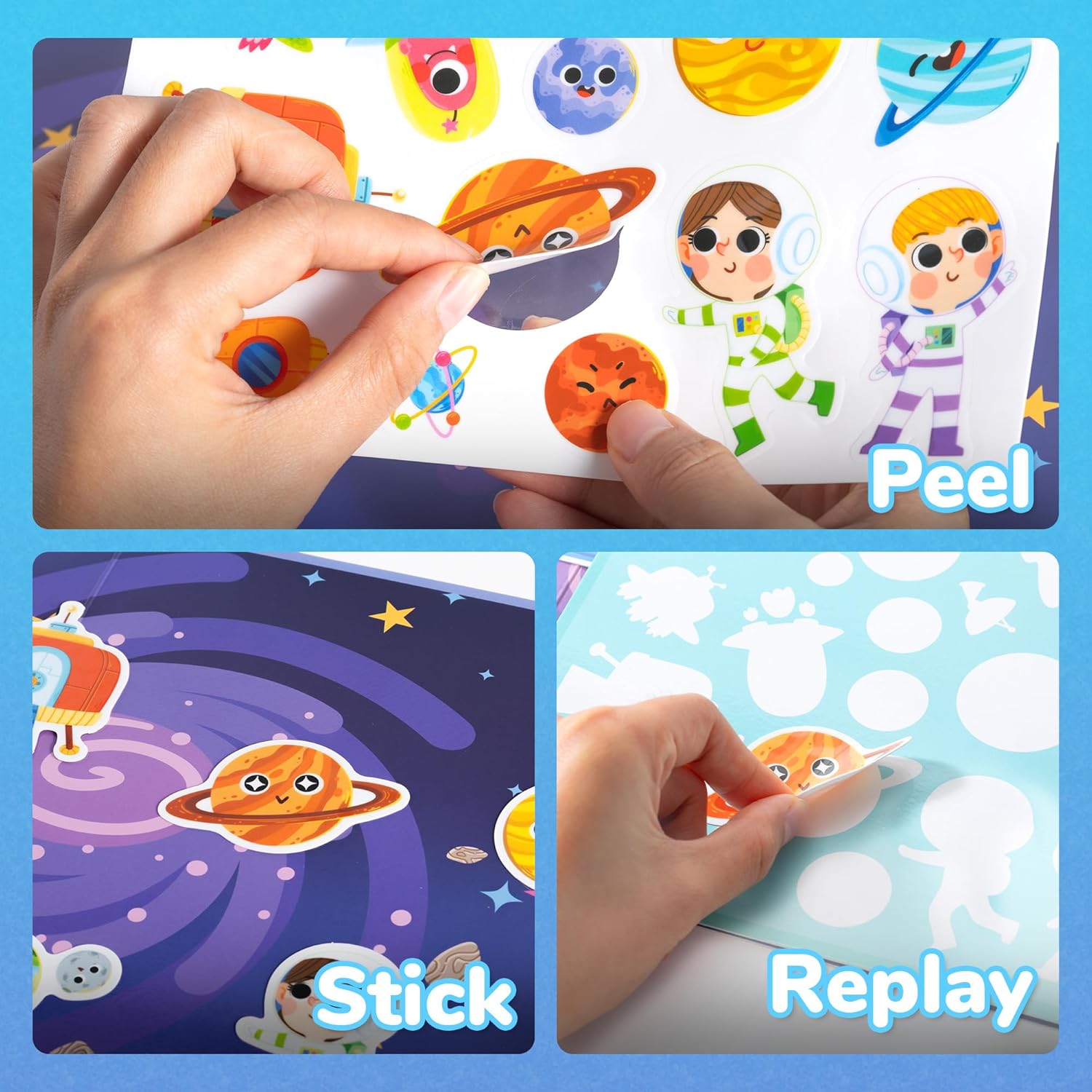 QEF Reusable Sticker Books for Toddlers 2-4 Years, 3 PCS Toddler Sticker Book for Kids, Travel Stickers Activity Books, Activities Crafts Gifts-Animals, Space and Spermarkets