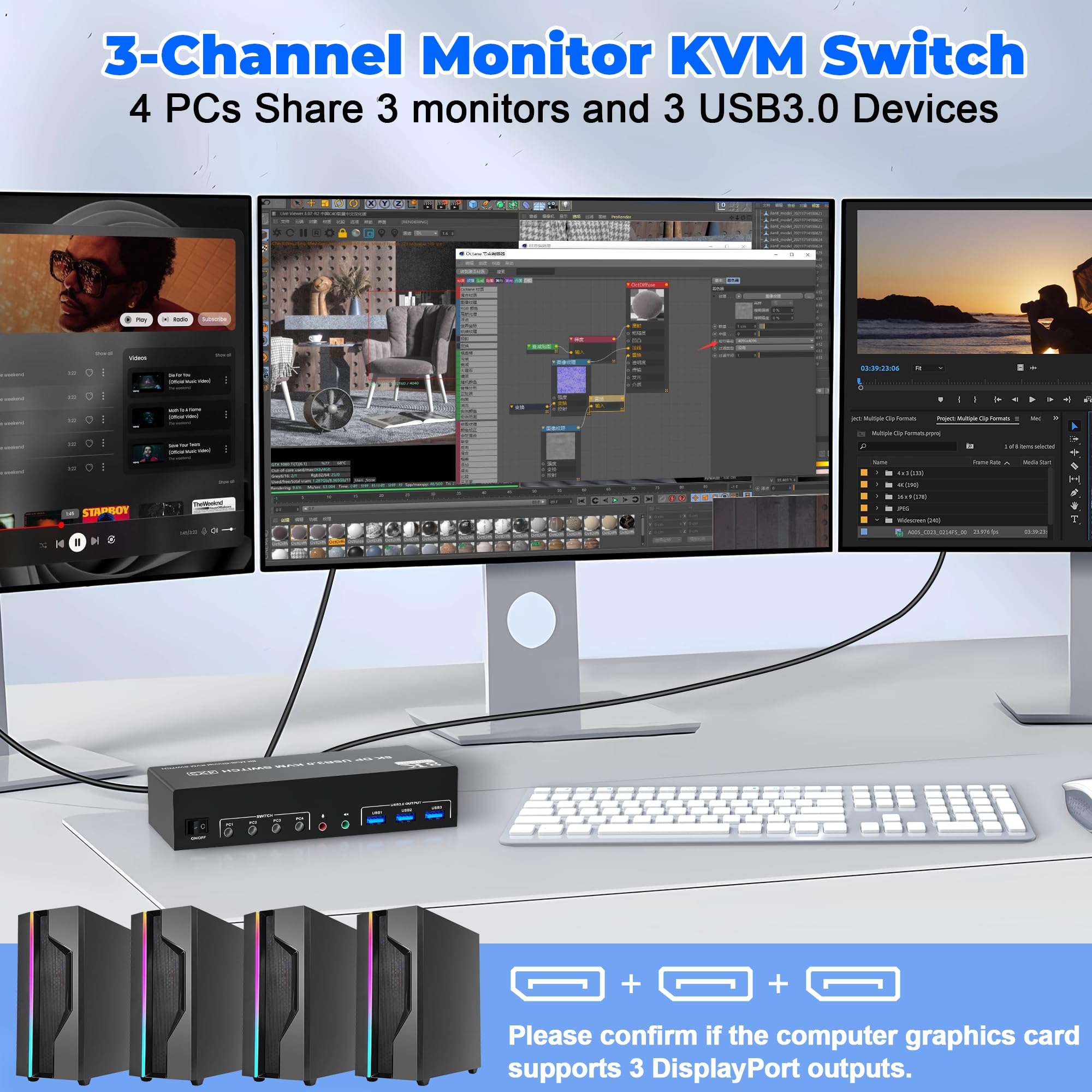 8K@60Hz DisplayPort 3 Monitors 4 Computers KVM Switch, DP 1.4 KVM Switch 4K@144Hz Triple Monitor for 4 Computer with Audio and 3 USB 3.0 Ports, KVM Triple Monitor Keyboard Mouse Switcher