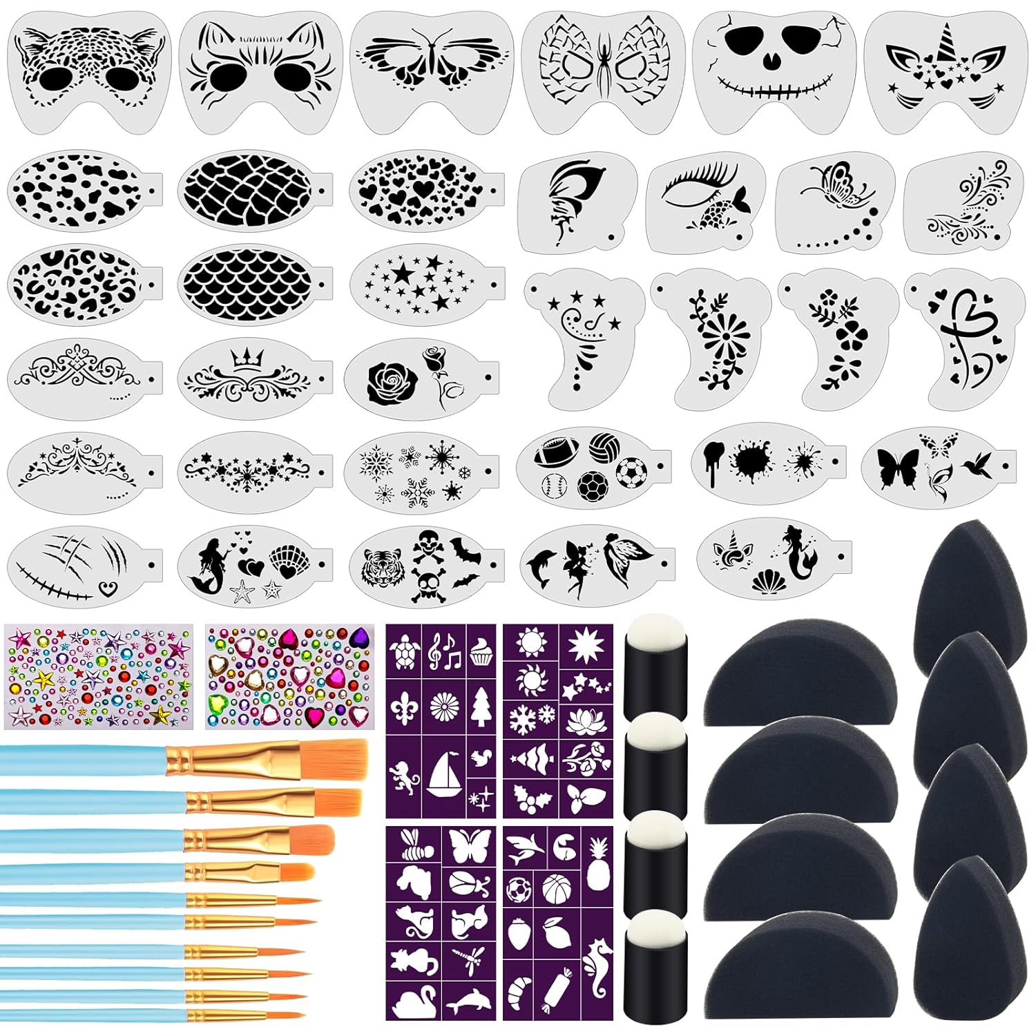 34+28Pcs Face Paint Stencils Kit, Suboyica 34 Pcs Plastic Facial Painting Stencils Reusable Body Paint Templates for Party Halloween Face Makeup Stencils With Brushes, Sponge, Stickers, Diamond 34+28Pcs Face Paint Stencils Kit, Suboyica 34 Pcs Plastic Facial Painting Stencils Reusable Body Paint Templates for Party Halloween Face Makeup Stencils With Brushes, Sponge, Stickers, Diamond