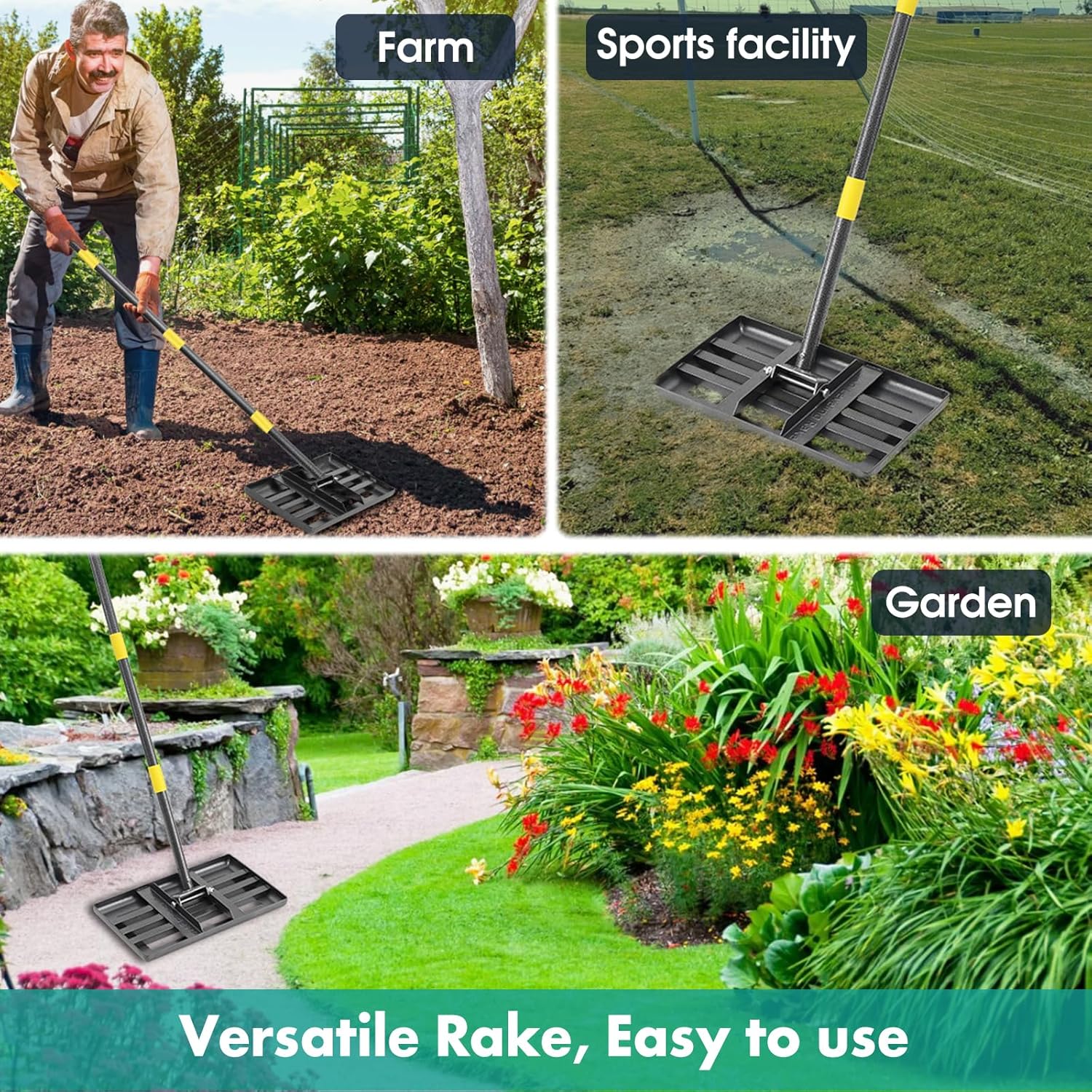 Lawn Leveling Rake, 17"x10" Small Lawn Leveling Rake with 58 Inch Handle, Heavy Duty Garden Lawn Tools Leveler Rake for Yard Garden Lawn Leveling, Soil Sand Spreading Dirt Top Dressing