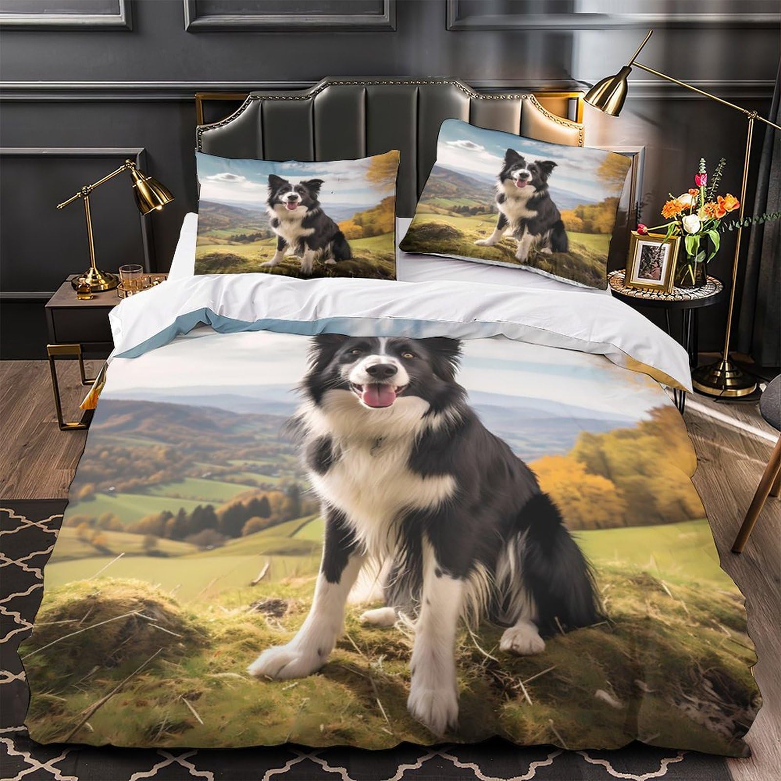 Linge de lit Border Collie en microfibre 3D housse de couette King 220x240cm avec 2 taies d'oreiller