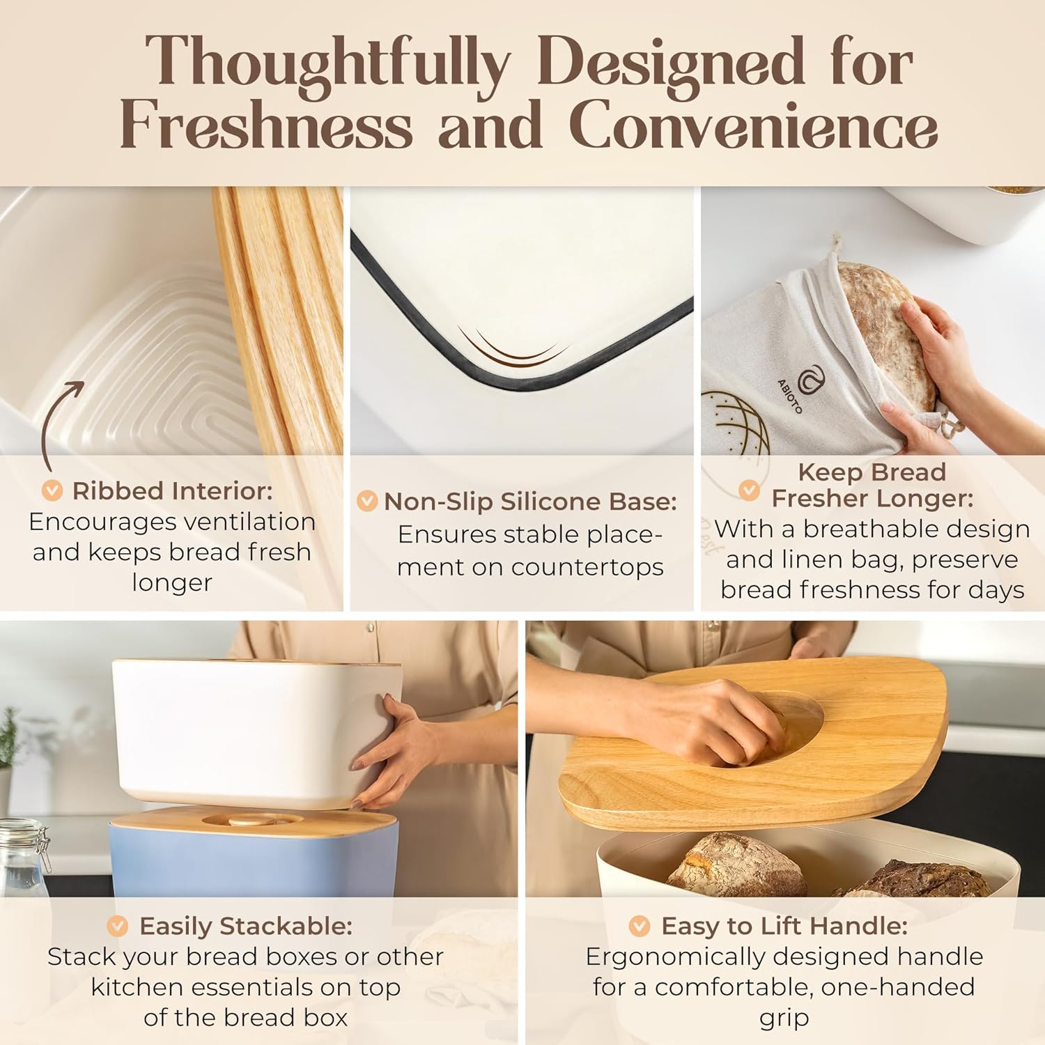 Extra Large Bread Box for Kitchen Countertop with 2 Bread Bags - Sturdy Modern Construction, Ribbed Design Keeps Bread Fresh Longer - Large Sourdough Bread Box with Cutting Board Lid (White)