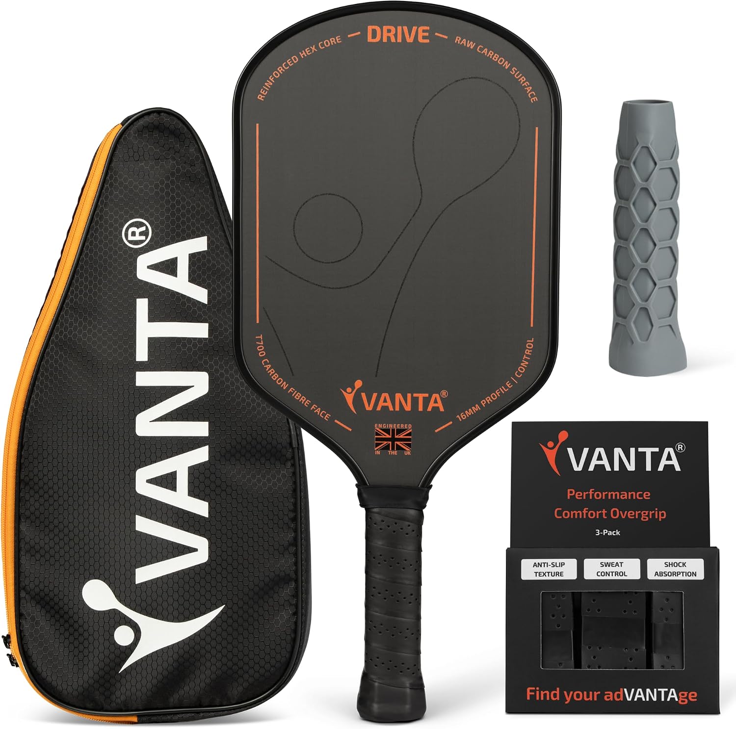 Vanta Drive carbon paddle with padded cover and three overgrips