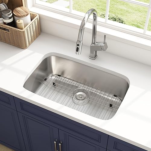 30 Inch Undermount Kitchen Sink 18 Gauge Stainless Steel Spacious Single Bowl Curved Shape Round Corner Deep Sinks with Basket Strainer and Bottom Grid 30" x 18" x 9"