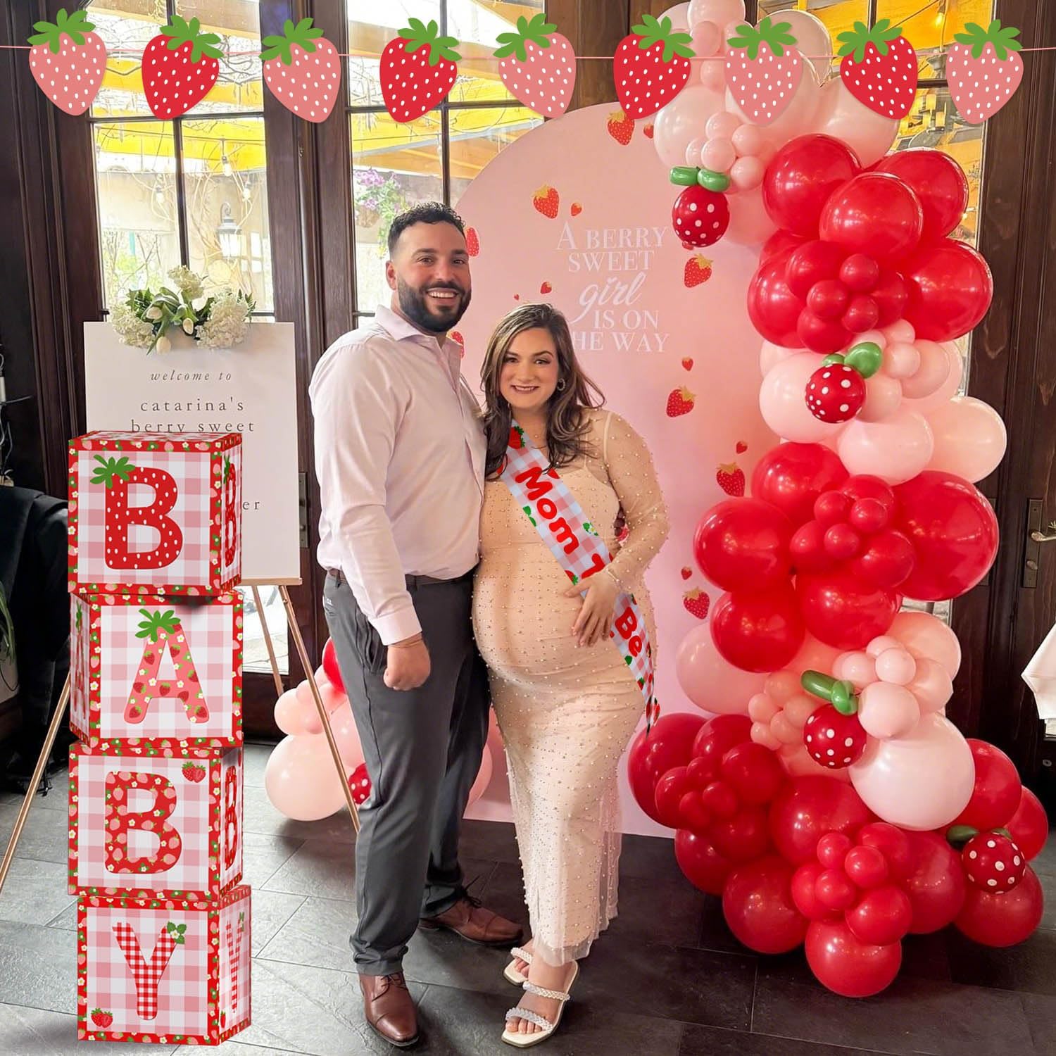 114Pcs Strawberry Baby Shower Decorations Balloons Boxes Kit, Berry Sweet Shortcake Baby Shower Balloon Arch Baby Boxes Backdrop Banner Tablecloth Cupcake Topper Mom to Be Sash Kit