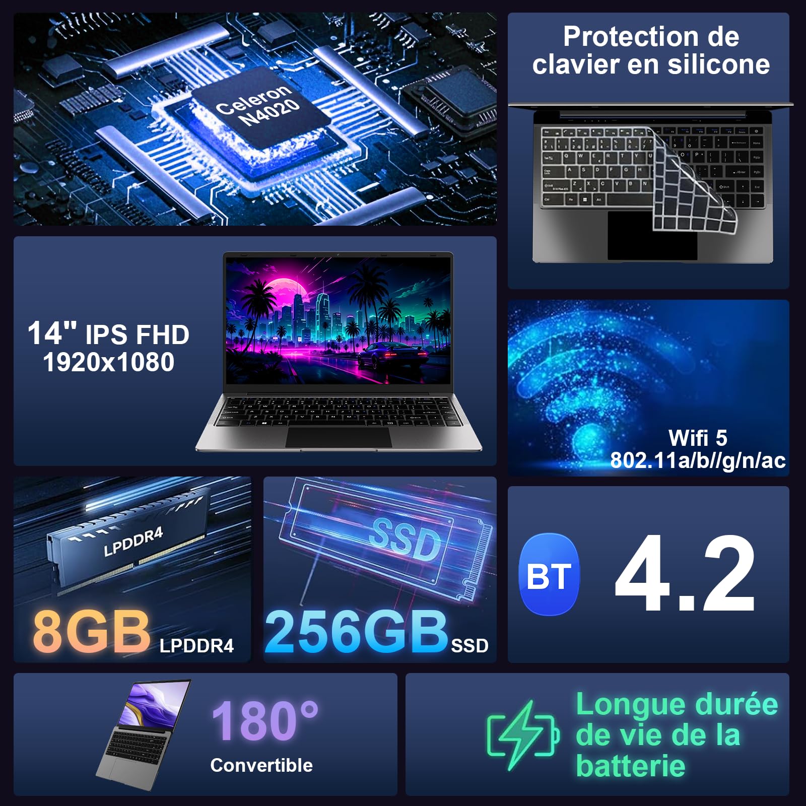 bvate Ordinateur PC Portable 14 Pouces 8+256Go Win11 Celeron N4020 Support 1 to SSD Expansion 2.4G+5G WiFi Bluetooth 4.2 USB HDMI 1920 x 1080 FHD Membrane de Clavier AZERTY - Argent-005