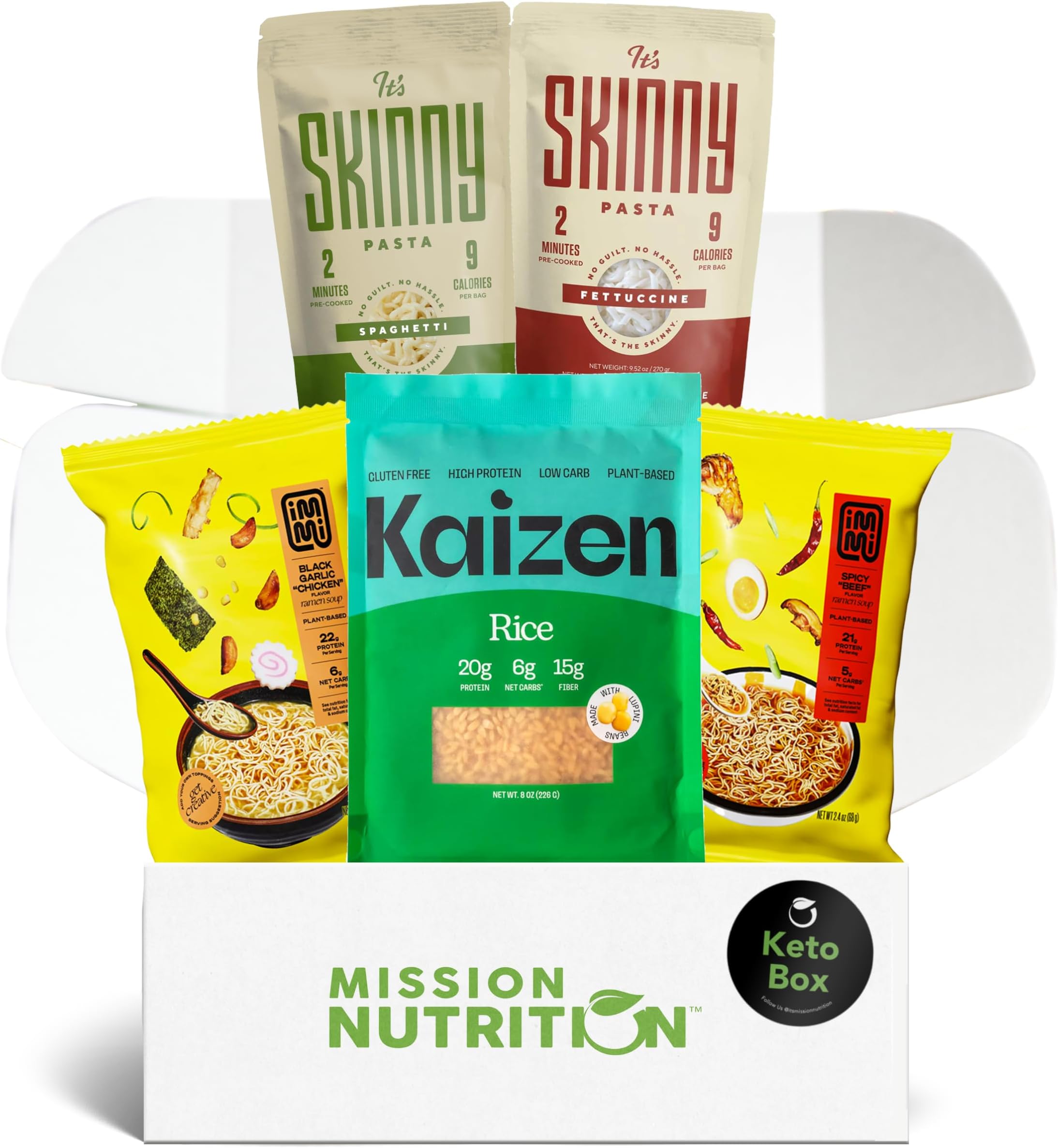 Immi Ramen Noodles, Kaizen Rice, Skinny Pasta Fettuccine & Spaghetti โ Plant-Based, High Protein, Low Carb, Low Calorie, Keto-Friendly โ Variety Keto Box