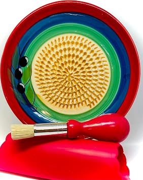BonCera, All-in-one Premium Ceramic Garlic Grater Plate 4-Piece Set - Classic Multicolor Olive Design - For Garlic, Ginger, Chocolate, and more! - with 5.25" Plate, Peeler, Brush, and Stand