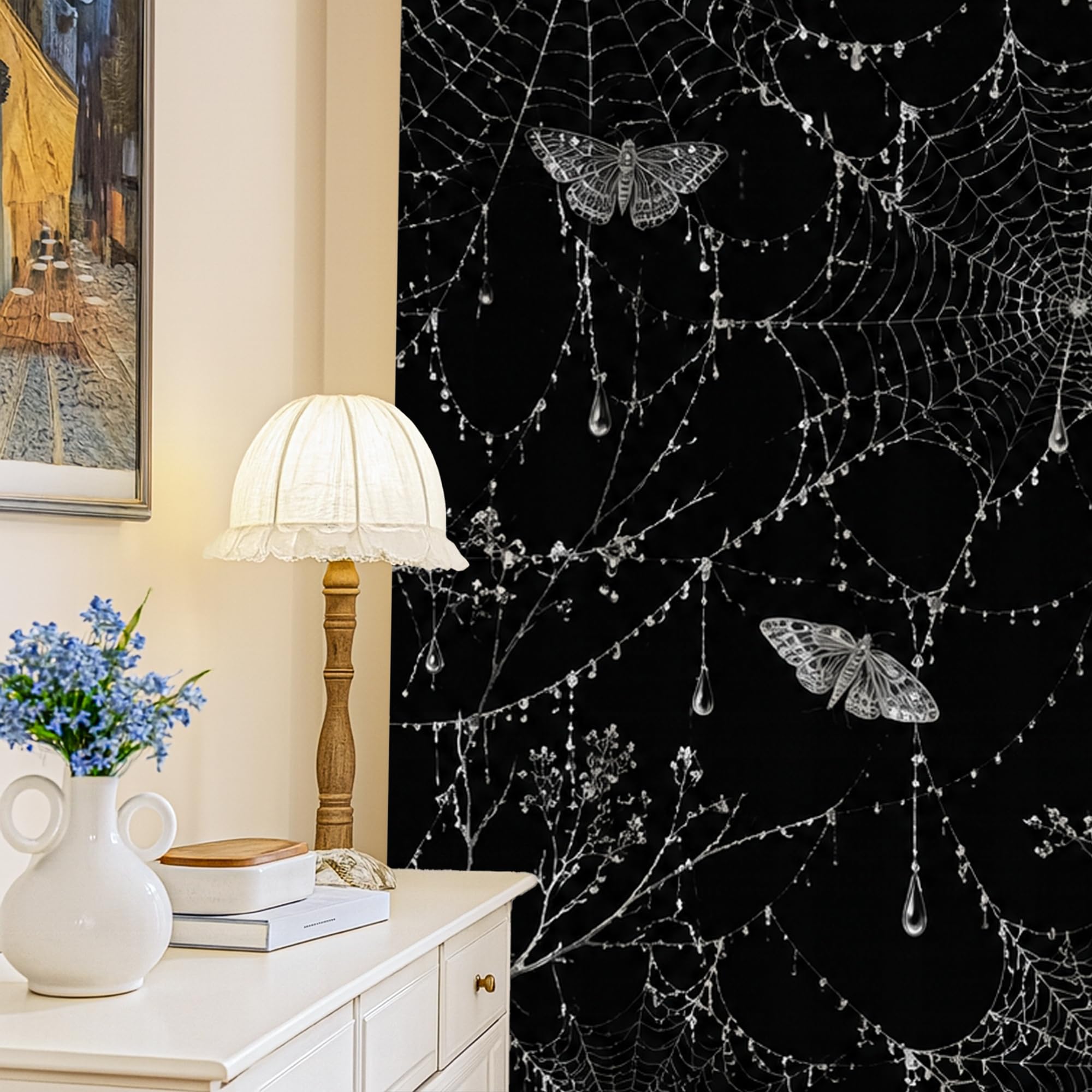 Rideaux occultants 132x213cm noir motif toile d'araignée pour chambre