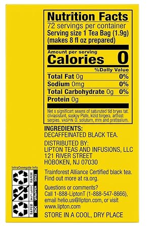 Lipton Yellow Label Decaffeinated Black Tea Bags, 72 Count, Decaf Black Tea for Hot Tea or Iced Tea