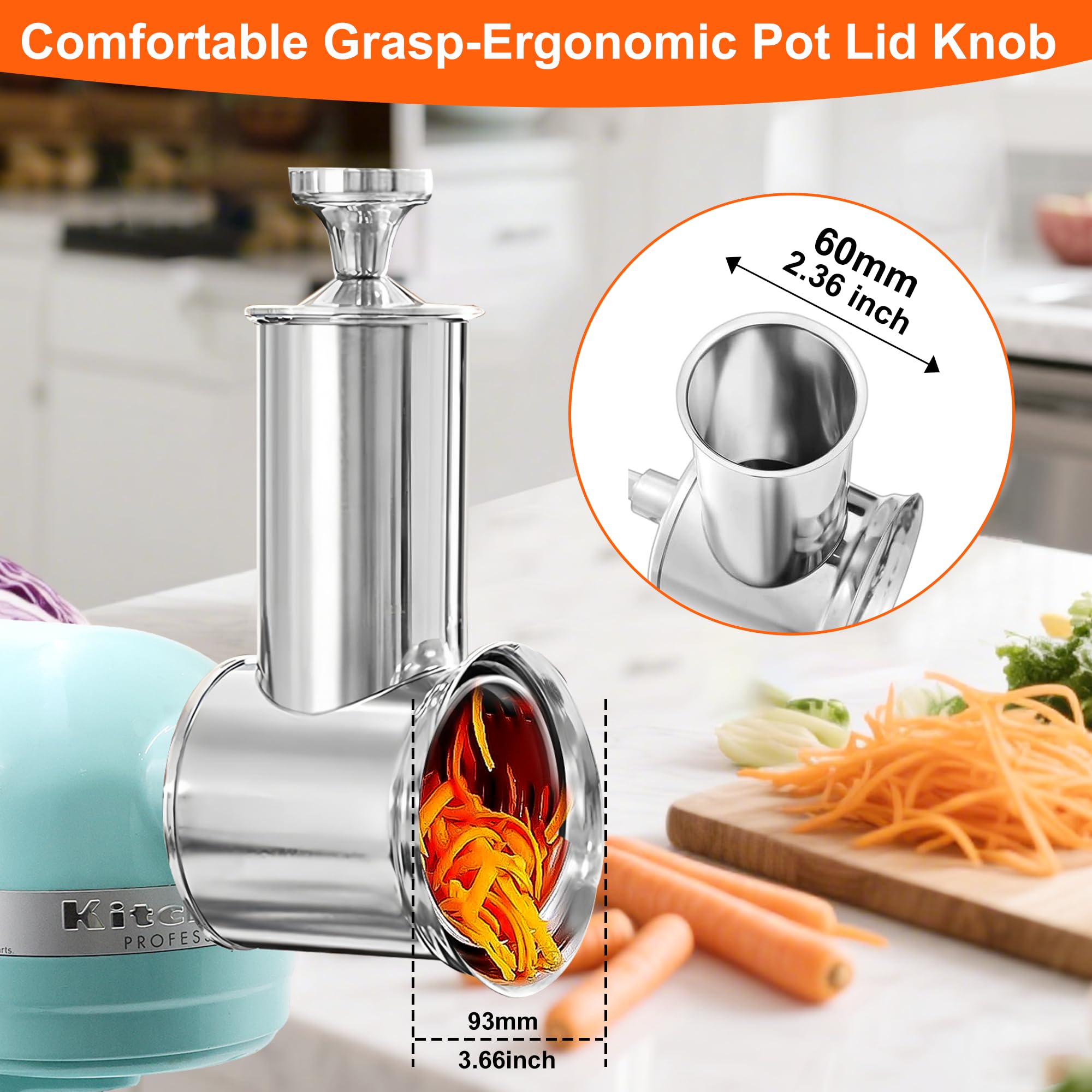 Edelstahl Slicer Shredder für KitchenAid Mixer Aufsatz Gemüse & Käsereibe Aufsatz mit 4 Klingen (fein, mittel, grob, Hobel), mit Knauf, spülmaschinenfest, Haltbarkeit