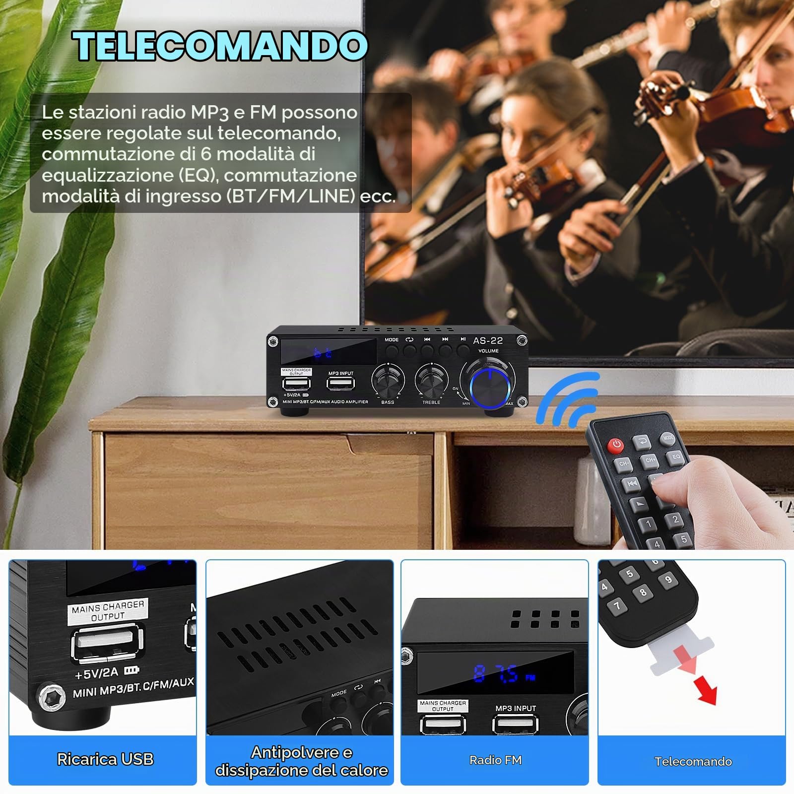 Amplificatore HiFi Bluetooth AS-22 Mini Amplificatore Audio Stereo 2.0 Canali 40W x 2 Classe D Ricevitore Amplificatore di Potenza Digitale con Ingresso BT AUX USB, DC 12V/5A