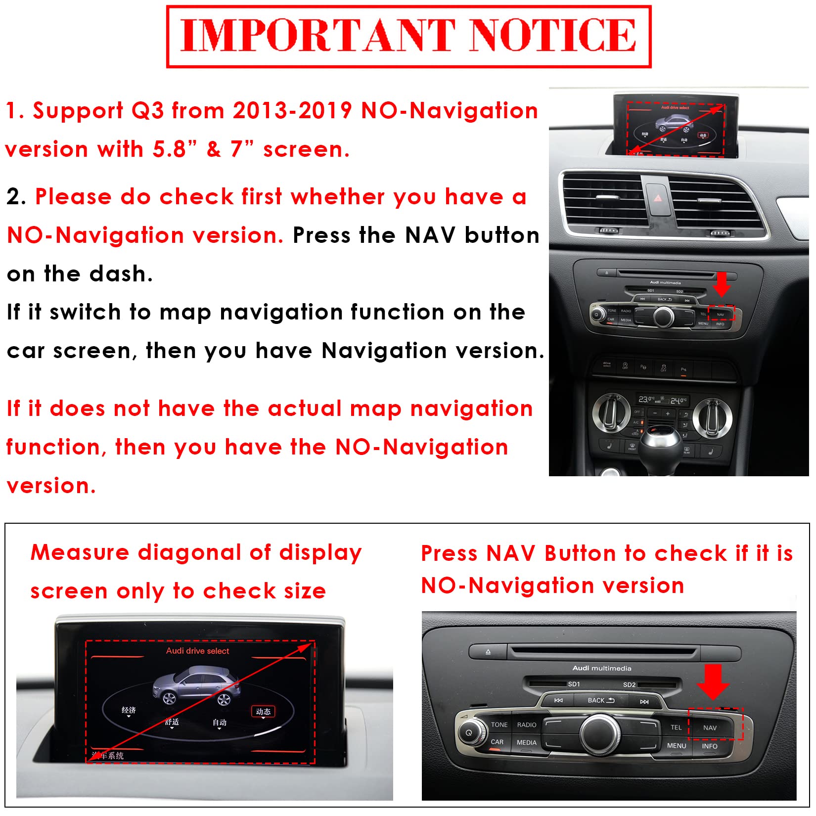 Compatible with Audi 2013-2019 Q3 NO-Navigation Version Wireless CarPlay Android Auto Mirrorig Retrofit Kit, Support USB Plays, HDMI, Built-in YouTue App
