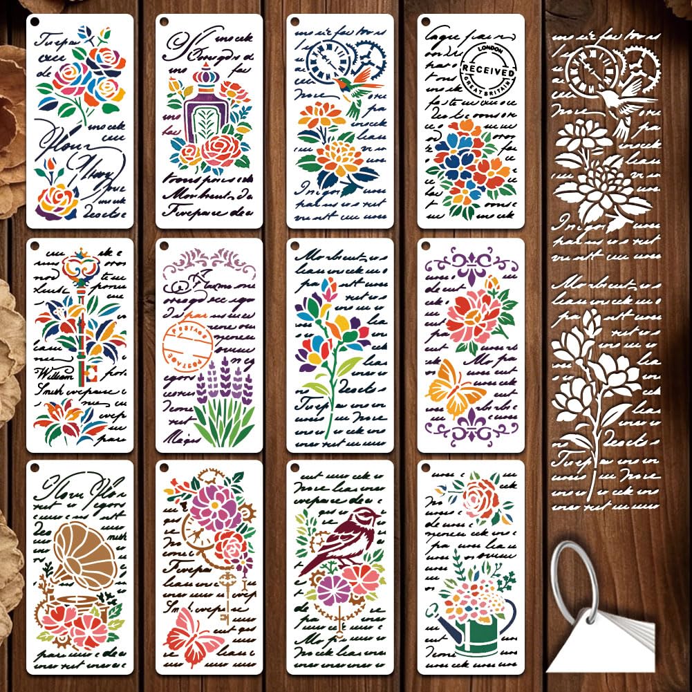 GOMAKERER 12 Sheets French Vintage Floral Stencil for Painting, Vintage Script Drawing Stencil Reusable PET Templates for Painting on Wall Wood Home Decor