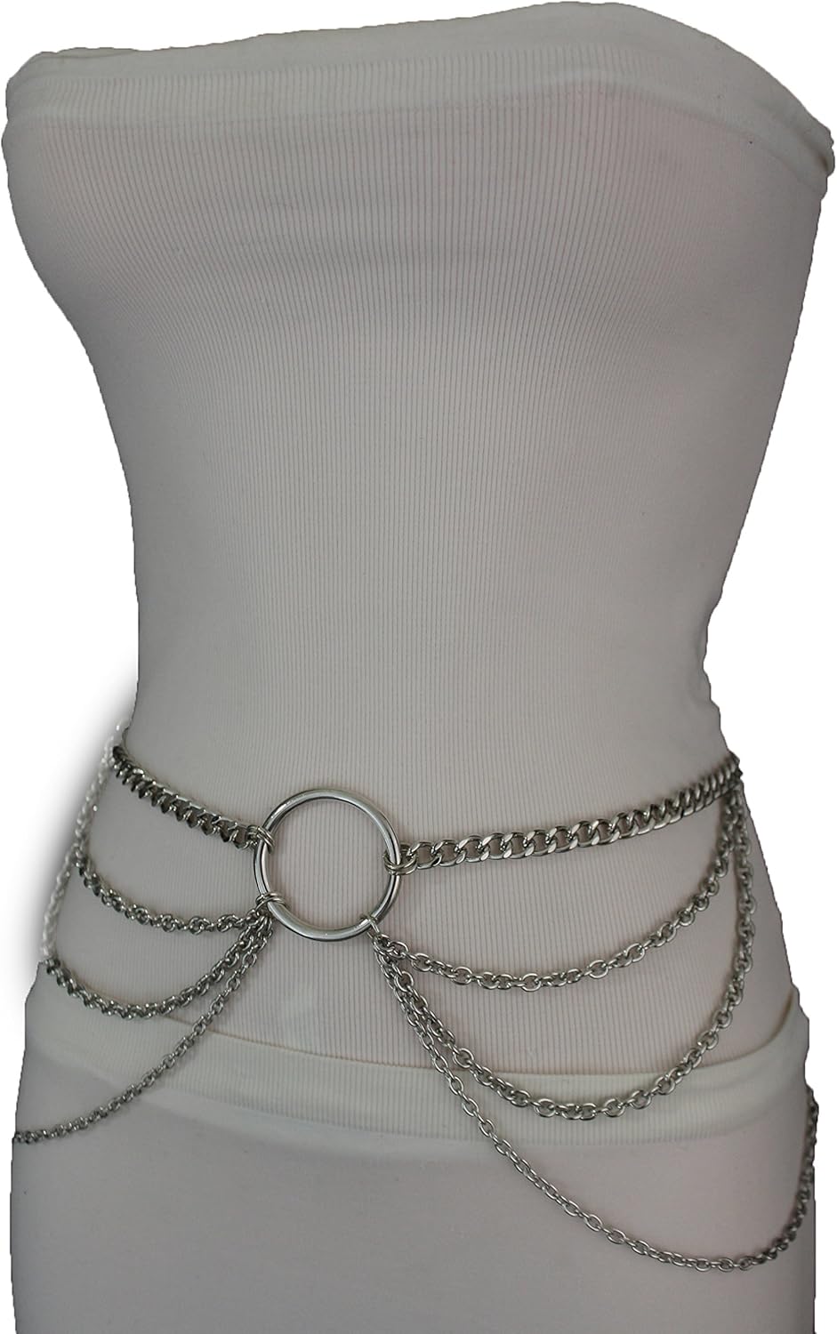 TFJ Women's Fashion Belt Hip Waist Long Metal Waves Big Ring S M L Silver