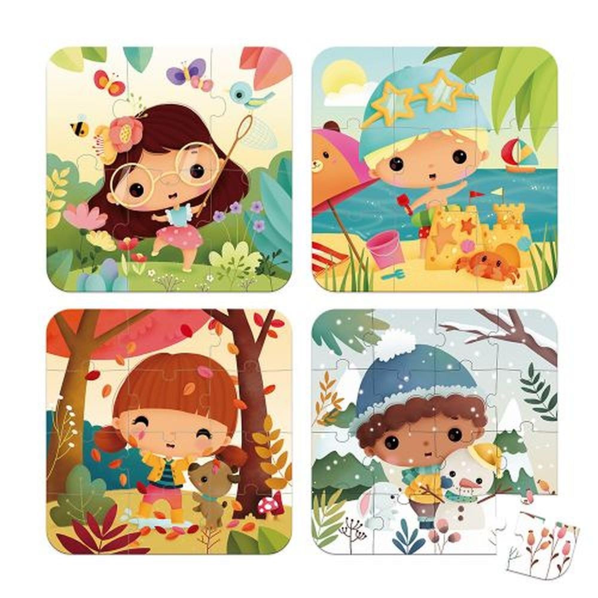 Janod J02658 Puzle Infantil Las 4 Estaciones de 6 a 16 Piezas, Juego Educativo, Desarrolla la motricidad Fina y la concentración, Maletín con asa, A Partir de 3 años, Multicolor, Talla única