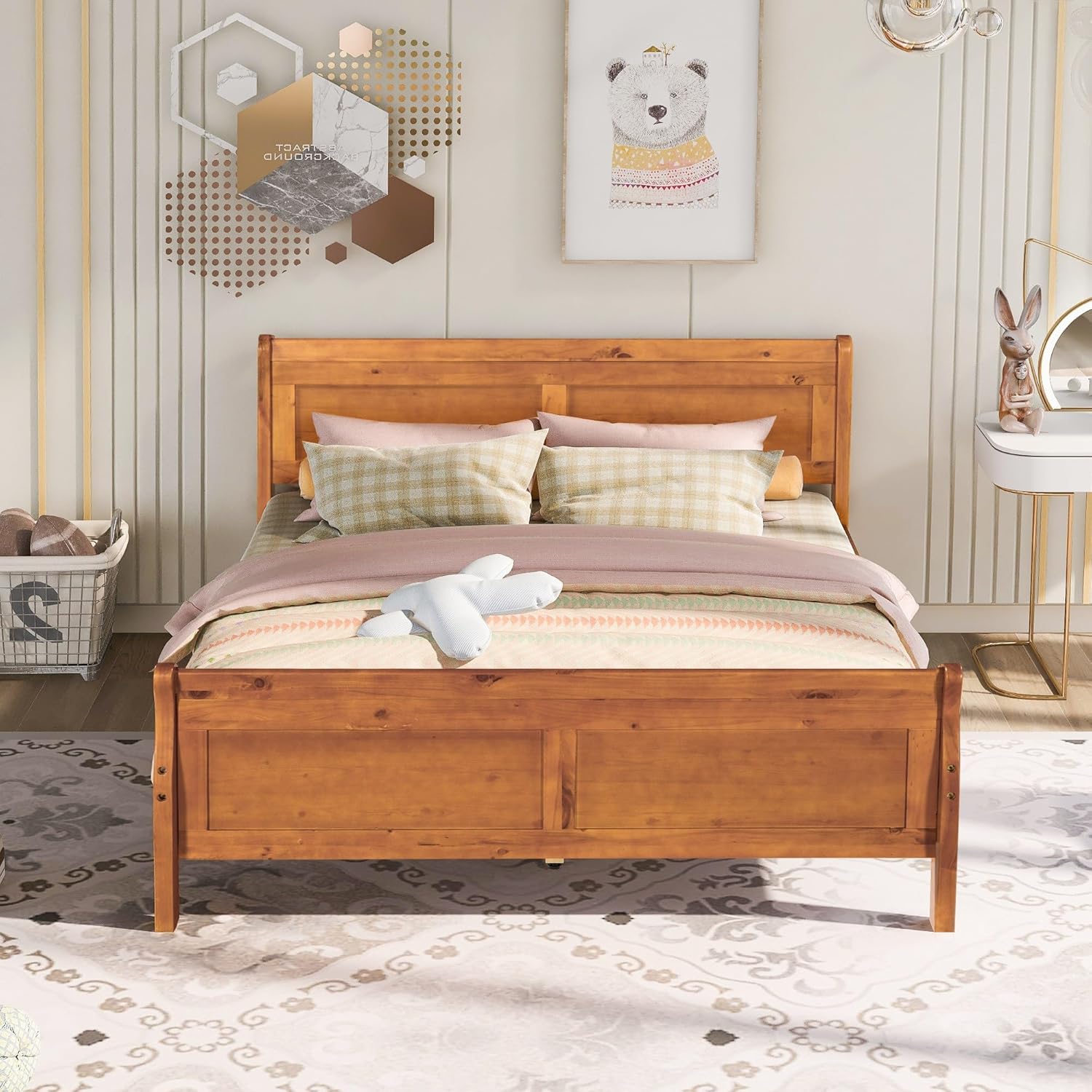 Merax Queen Size Platform Bed with Headboard and Footboard, Sleigh Bed Frame with Wood Slat Support for Kids Teens Adults, No Box Spring Needed, Oak