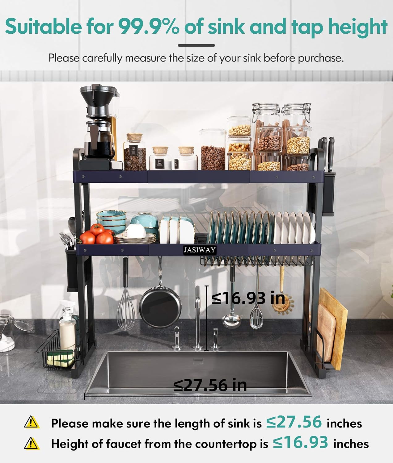 JASIWAY Over The Sink Dish Drying Rack, Adjustable (27.5'' - 33.5'') Large Dish Drainer for Kitchen Storage Counter Organization, Stainless Steel 2-Tier Expandable Dish Rack with Utensils Holder