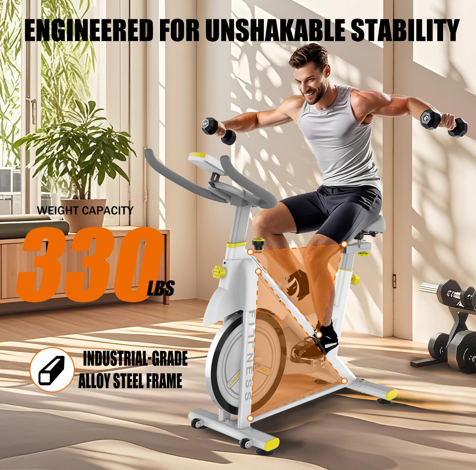 Stacjonarny rower treningowy dla użytkownika o maksymalnej wadze 150 kg z łącznością Bluetooth, monitorem LCD, kołem zamachowym o ciężarze 13,6 kg, regulowanym siedzeniem i uchwytem na tablet