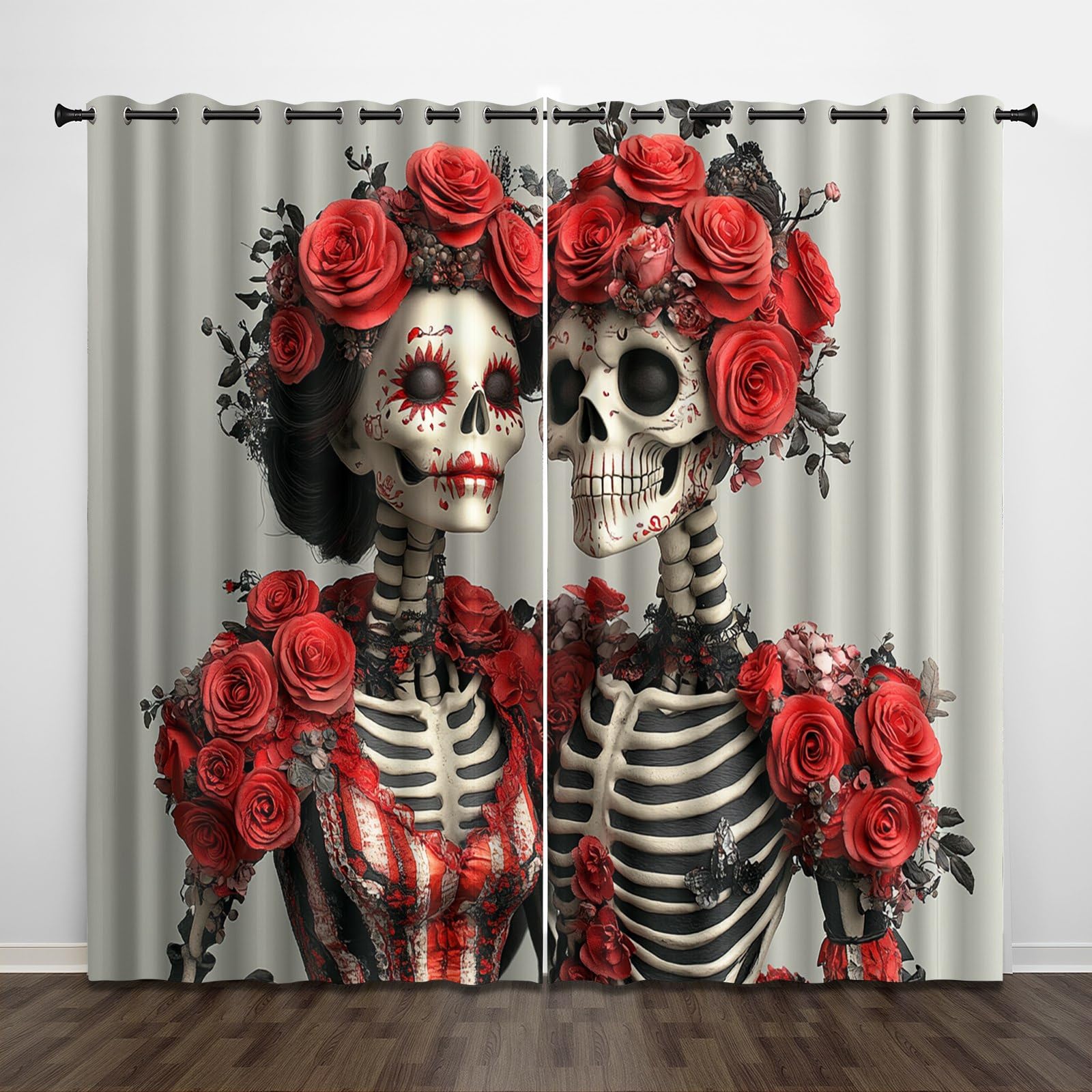 Skelett Vorhang mit Ösen 175 x 280 cm – Bedruckter Sternenmuster Ösenschal aus Polyester perfekt für Kinderzimmer Dekoration Halloween & Partys – Paar Vorhänge H22-2901824