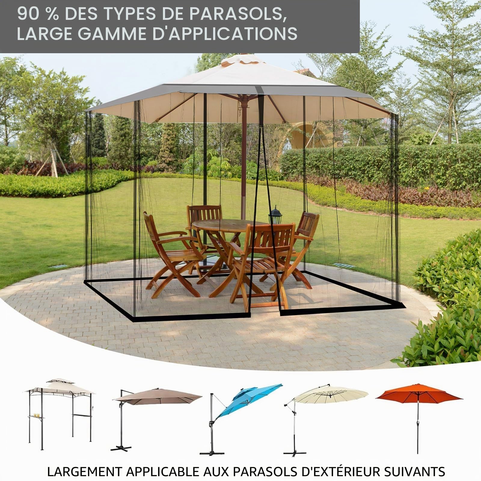 Moustiquaire de Parasol, dellyy 3x3M Toile de Tonnelle Moustiquaire Exterieur, Rideau pour Pergola, Filet, Carré, pour Pavillon de Jardin, Gazebos, Tentes, Auvents, Terrasse, Balcon, Noir