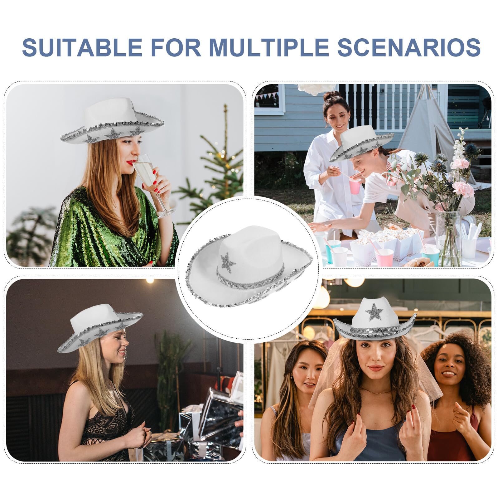 SHINEOFI Sombrero de Vaquera Occidental Blanco para Mujer, Accesorio de Disfraz con Cuerda Ajustable para Fiestas y Eventos Temáticos, Sombrero de Vaquero para Boda y Despedida de Soltera,