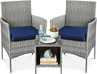 Best Choice Products 3-Piece Outdoor Wicker Bistro Set, Space-Saving Gray/Navy Patio Conversation Furniture w/ Side Table