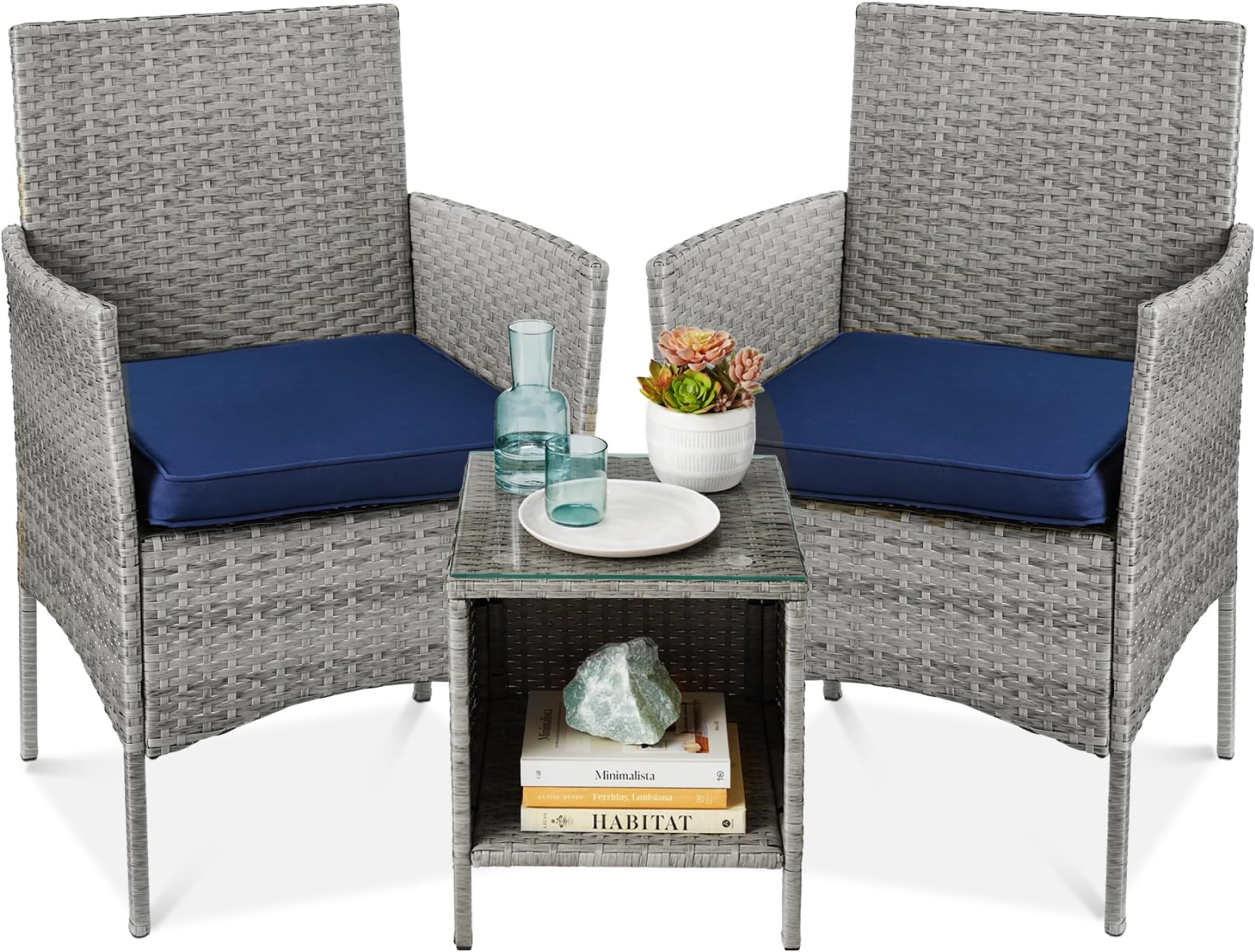 Best Choice Products 3-Piece Outdoor Wicker Conversation Bistro Set, Space Saving Patio Furniture for Garden w/Side Table - Gray/Navy