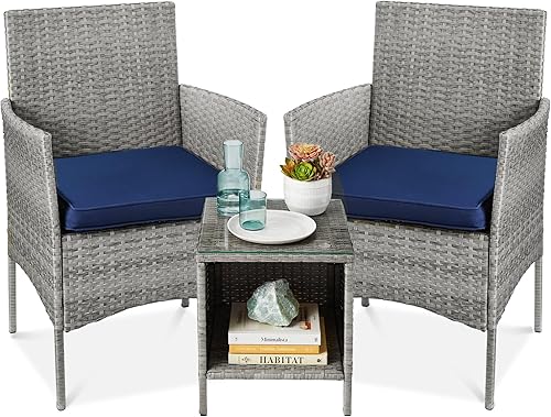 Best Choice Products Juego de bistró de mimbre para conversación al aire libre muebles de patio que ahorran espacio para patio jardín con 2 sillas 2