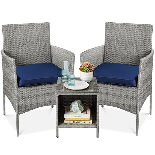 Best Choice Products 3-Piece Outdoor Wicker Conversation Bistro Set, Space Saving Patio Furniture for Garden w/Side Table - Gray/Navy