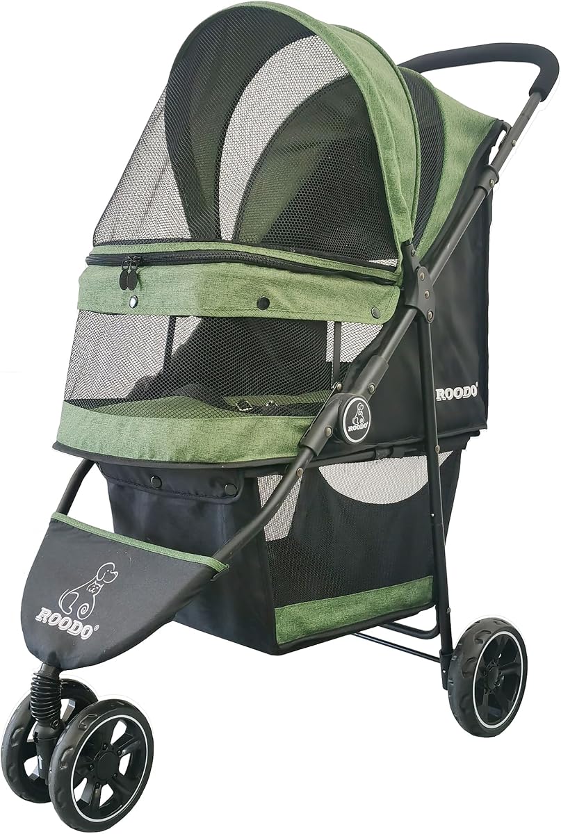 ROODO Cochecito para mascotas de 3 ruedas, el mejor cochecito para mascotas, ligero, plegable, compacto, portátil, para viajes todo terreno, equipo para mascotas, cochecito para cachorros y gatos de hasta 30 libras, medianos y pequeños (verde)