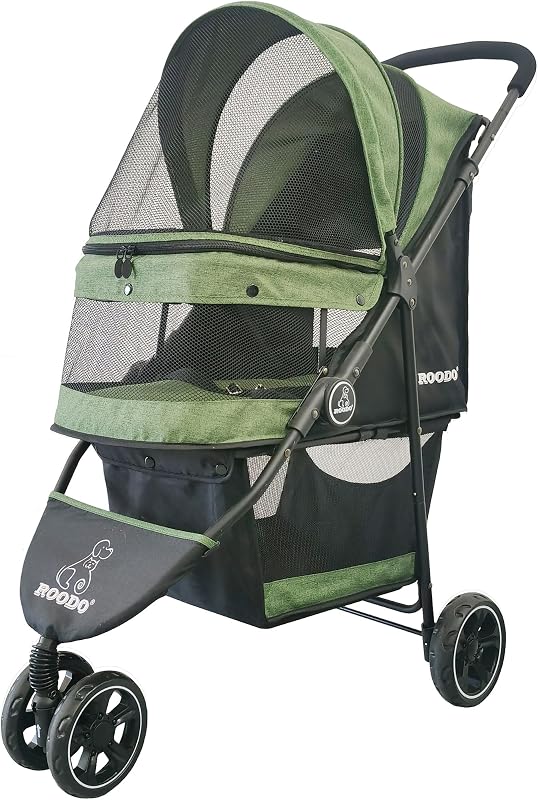 ROODO Cochecito para mascotas de 3 ruedas, el mejor cochecito para mascotas, ligero, plegable, compacto, portátil, para viajes todo terreno, equipo para mascotas, cochecito para cachorros y gatos de hasta 30 libras, medianos y pequeños (verde)