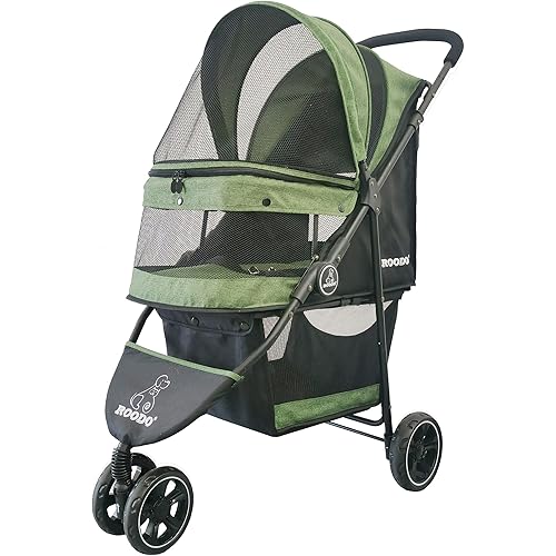 ROODO 3 Wheel Pet Stroller Best Lightweight Foldable Compact Portable Jogger All Terrain Travel Pet Gear Puppy Kitty Stroller for up to 30lbs Medium Small Dogs and Cats(Green)