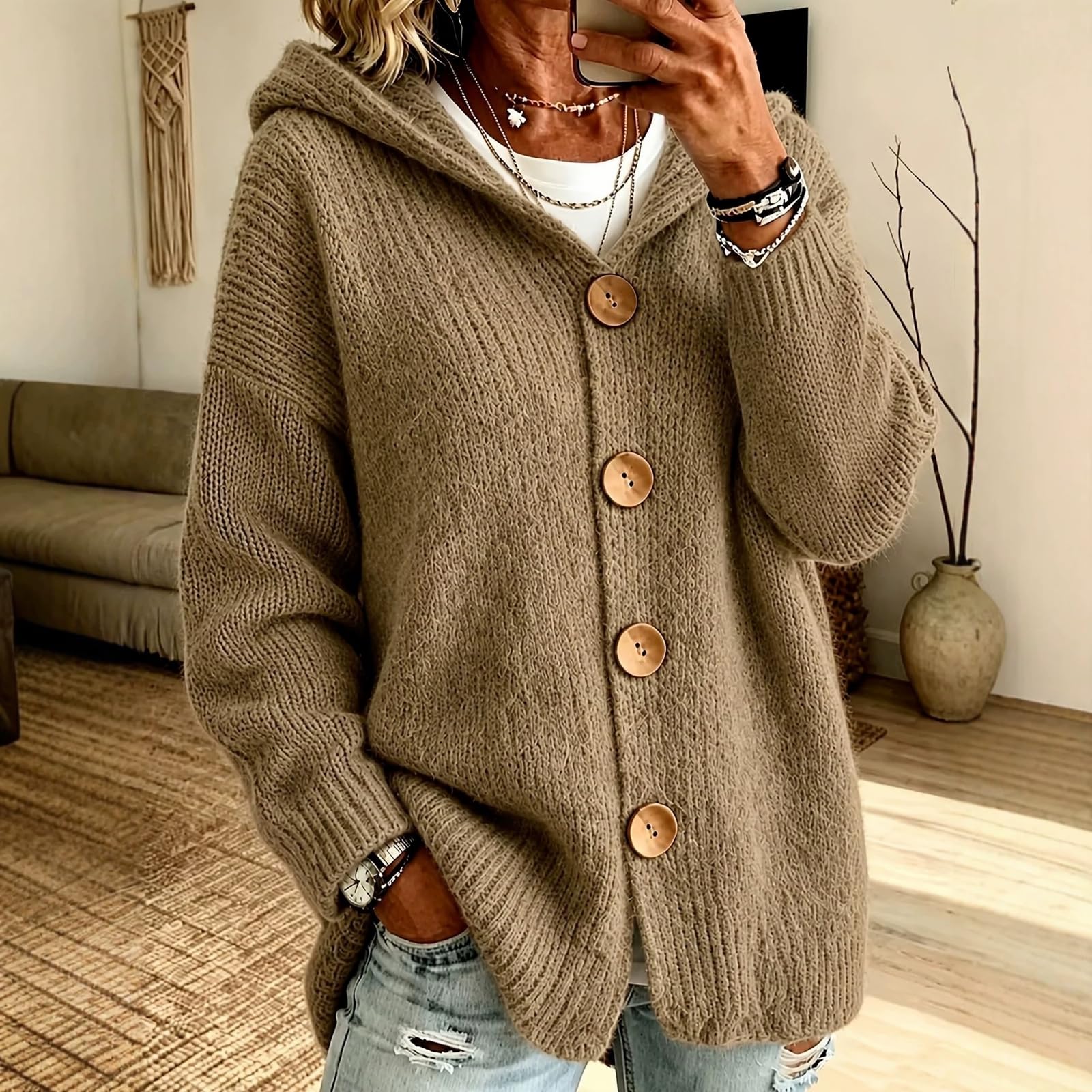 Gilet Femme avec Capuche et Bouton Chaud Chic Ample Sweats en Maille