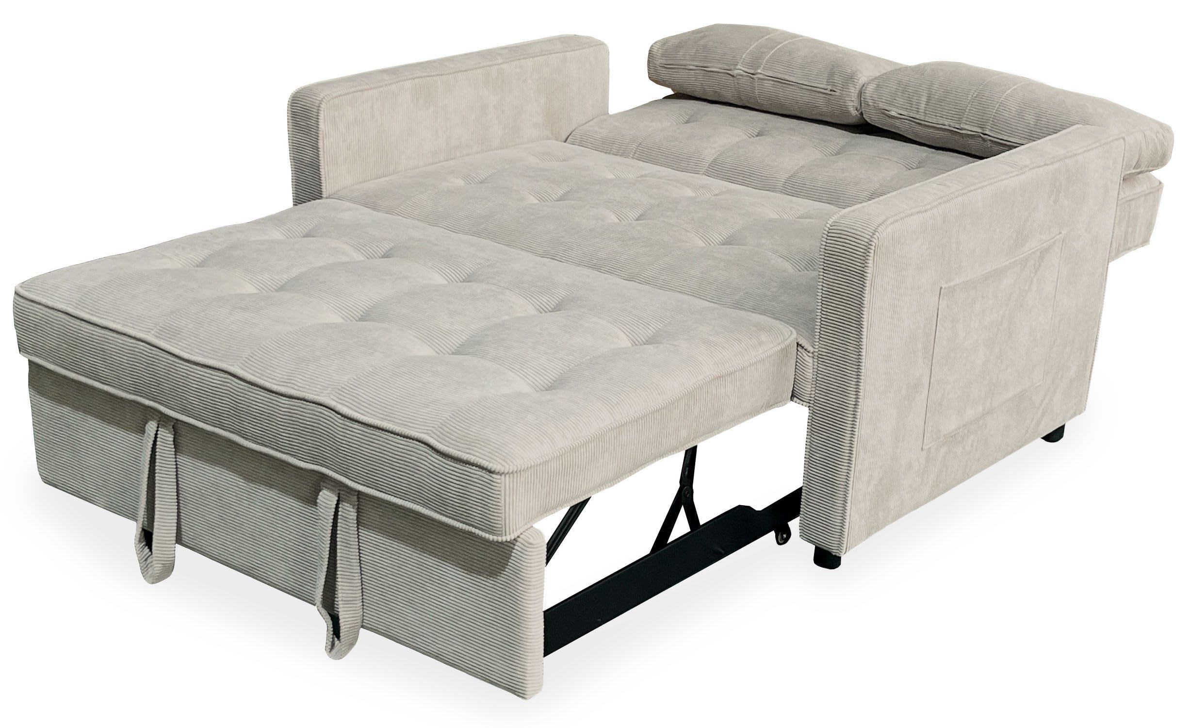 Menzzo Canapé Convertible 2 Places KOMARIA en Velours côtelé Taupe Clair – Petit canapé lit Design Moderne et cocooning – Couchage d’appoint Compact pour Studio et Salon
