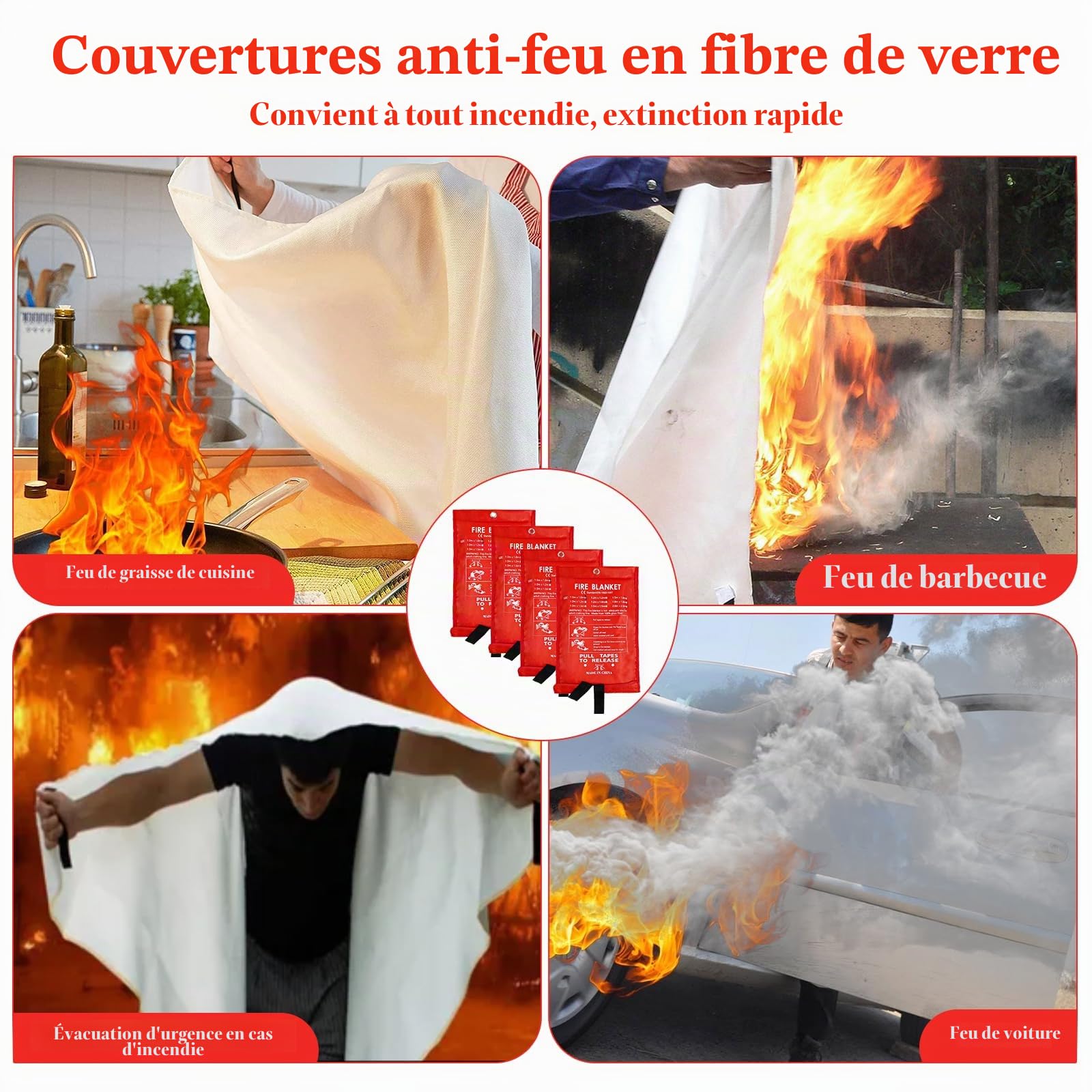 4 Pièces Couvertures Anti-feu Ignifuge pour Maison Cuisine, 1m x 1m Couverture Anti Feu en Fibre de Verre, Couverture Incendie, Couverture de Secours pour Cuisine Cheminée Barbecue