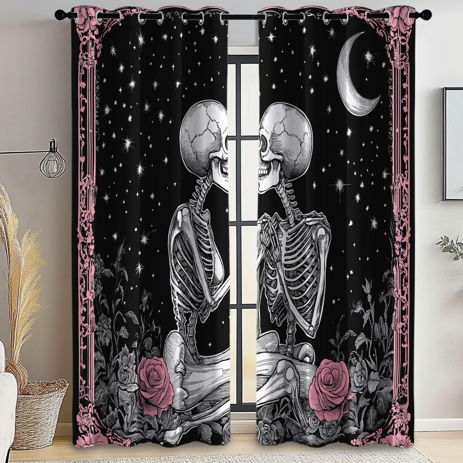 Rideaux Isolants 110L X 215H cm (2 Panneaux), Design Crâne Gothique Rose Tenture Opaque Anti-Chaleur pour Chambre Principale, Noir