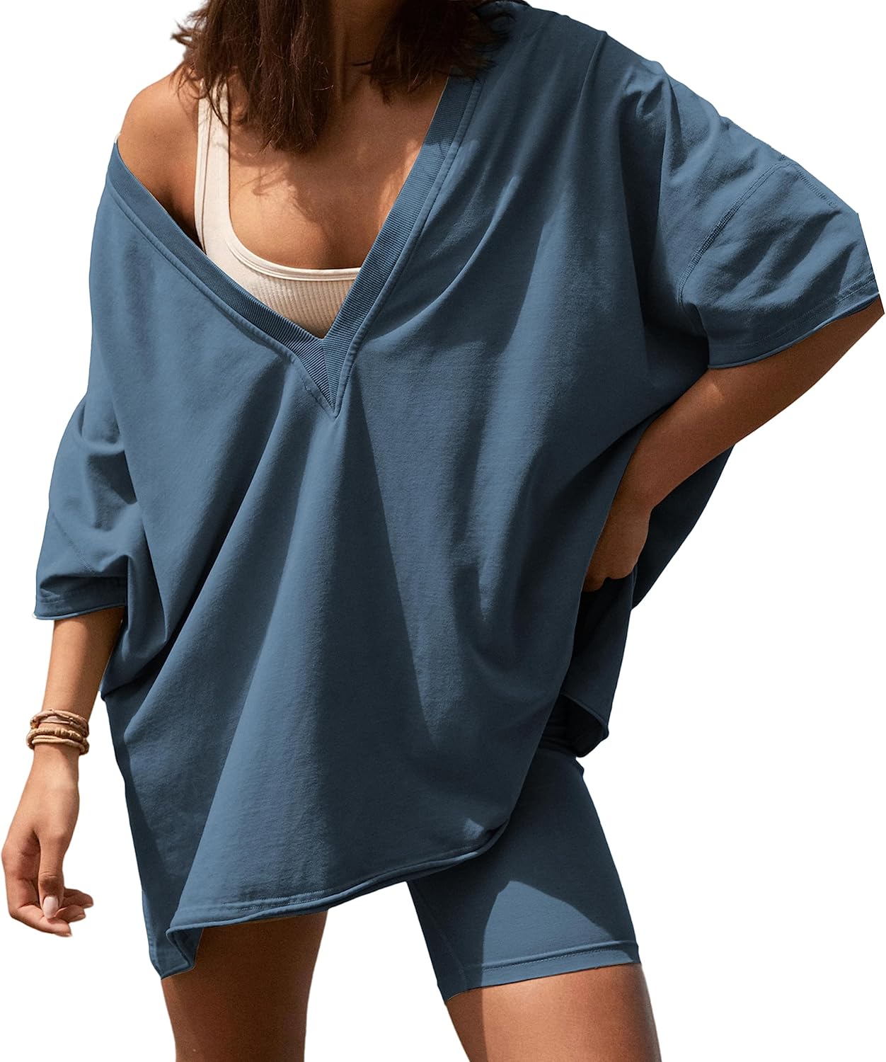 Athlisan Womens 2 Piece Shorts Set for Women Oversized V Neck T Shirt Biker Shorts Workout Hot Shot Reversible Set