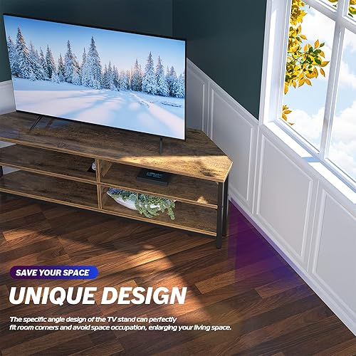 Miniatura 3 de Unikito Soporte de TV de esquina de 55'' con toma de corriente, centro de entretenimiento con 4 estantes de almacenamiento abiertos, marco de metal