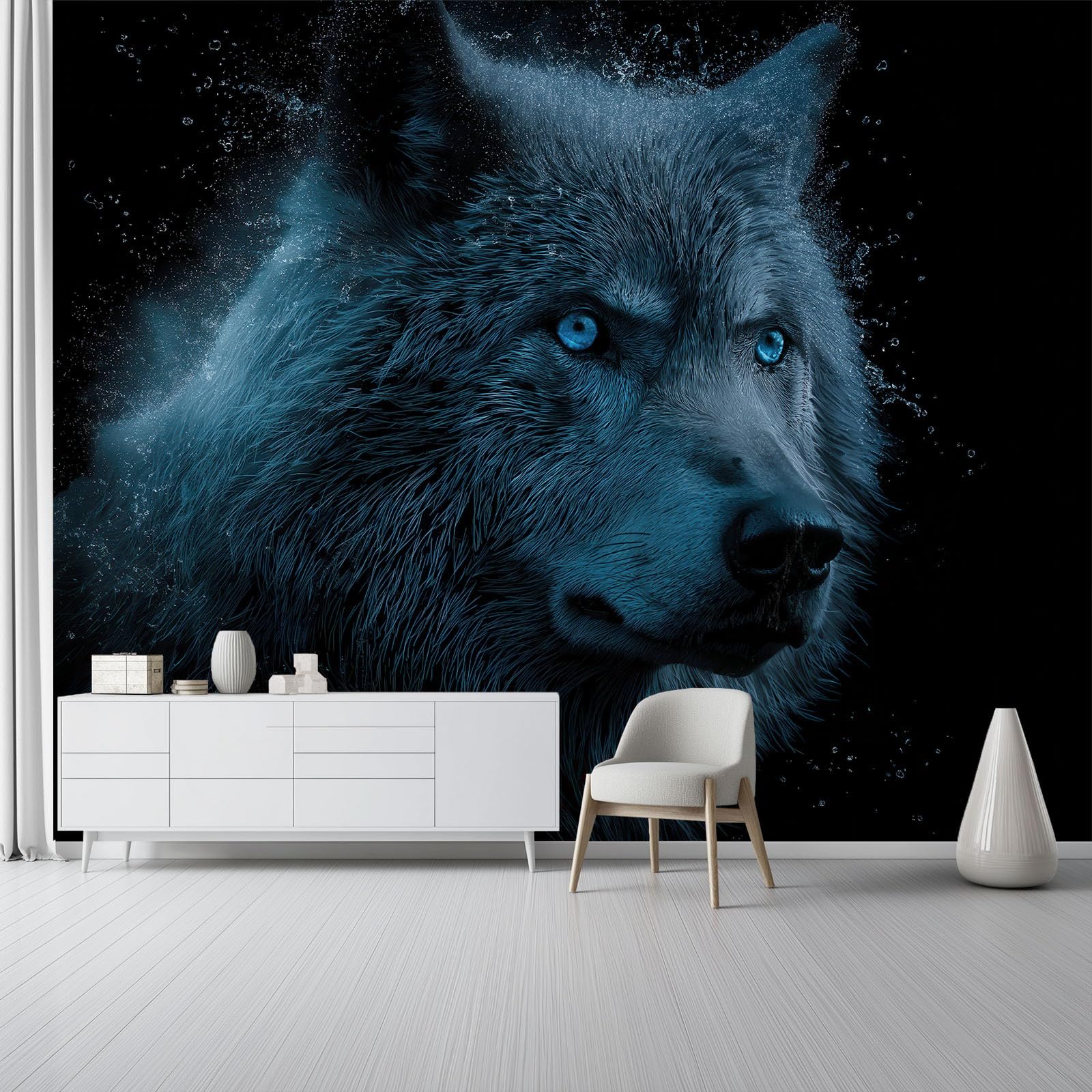 Tapeta z włókniny 350 x 256 cm, fantastyczne zwierzę wilk, dekoracja ścienna do głównej sypialni i salonu, czarno-niebieska