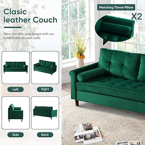Miniatura 6 de Sofá pequeño verde de 64.3 pulgadas, cómodo sofá biplaza tapizado de terciopelo para la sala, sofás modernos de mediados de siglo, sofá biplaza para