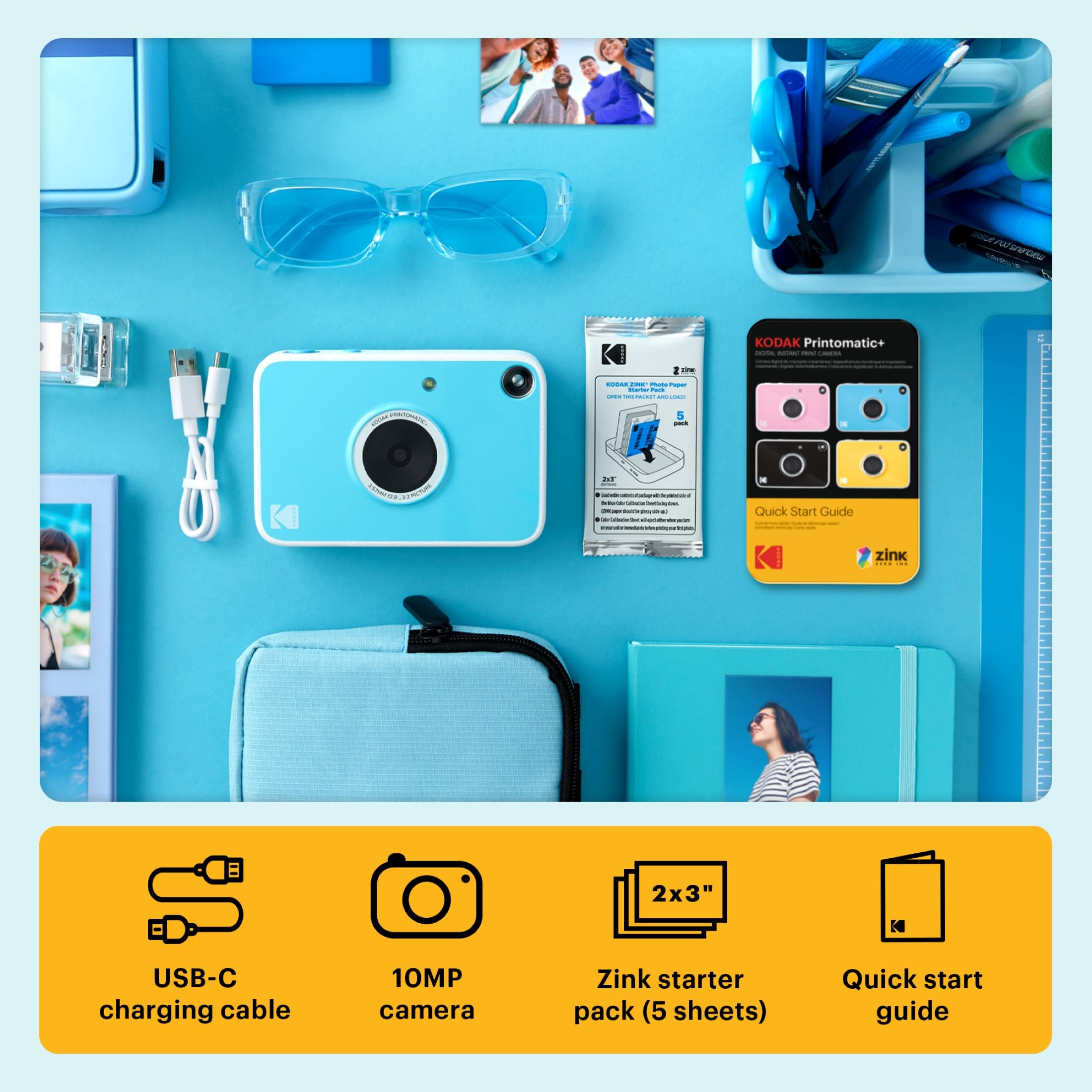 Kodak Printomatic+ Cámara Digital Instantánea 10MP con LED RGB, Imprime Fotos a Color en Papel Zink 2x3” – Azul