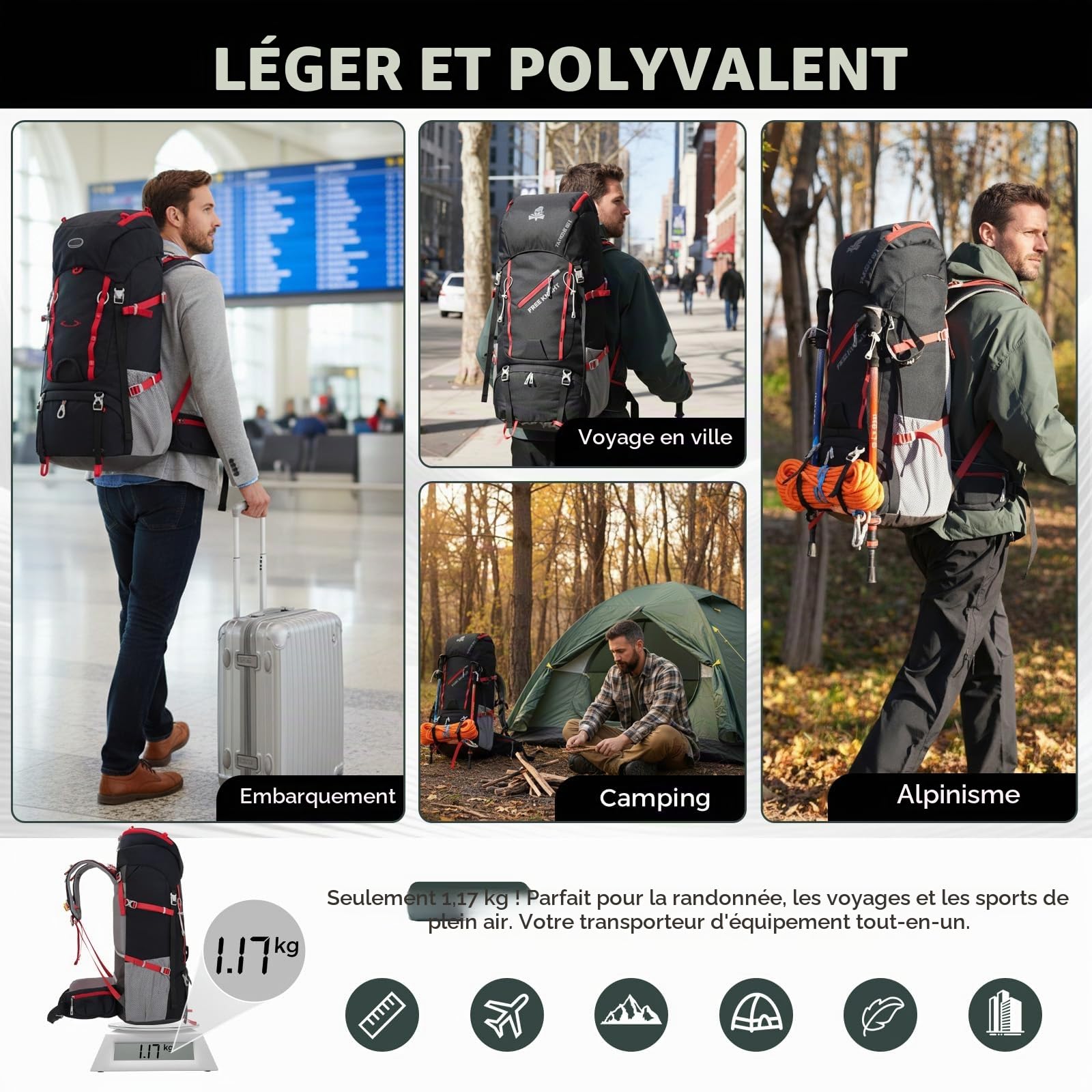 Bseash Sac à dos imperméable de 65 L avec housse de pluie, sac à dos de voyage pour escalade et randonnée