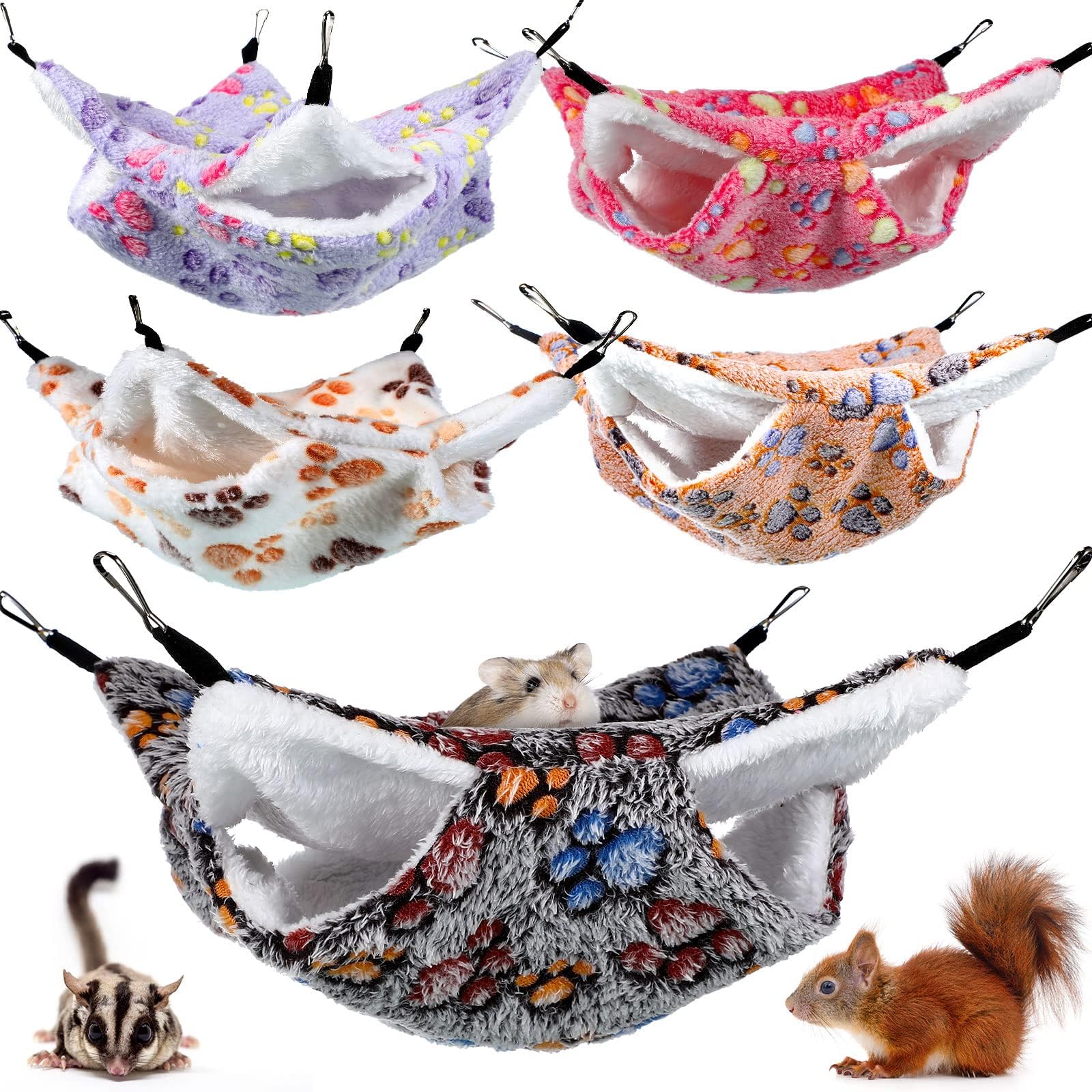 Photect 5 Pcs Double Layer Ferret & Rat Hanging Hammock Bunk Bed - Soft Plush for Ferret, Rat, Sugar Glider, Pig, Guinea Pig, Parrot Hideout & Play Sleep