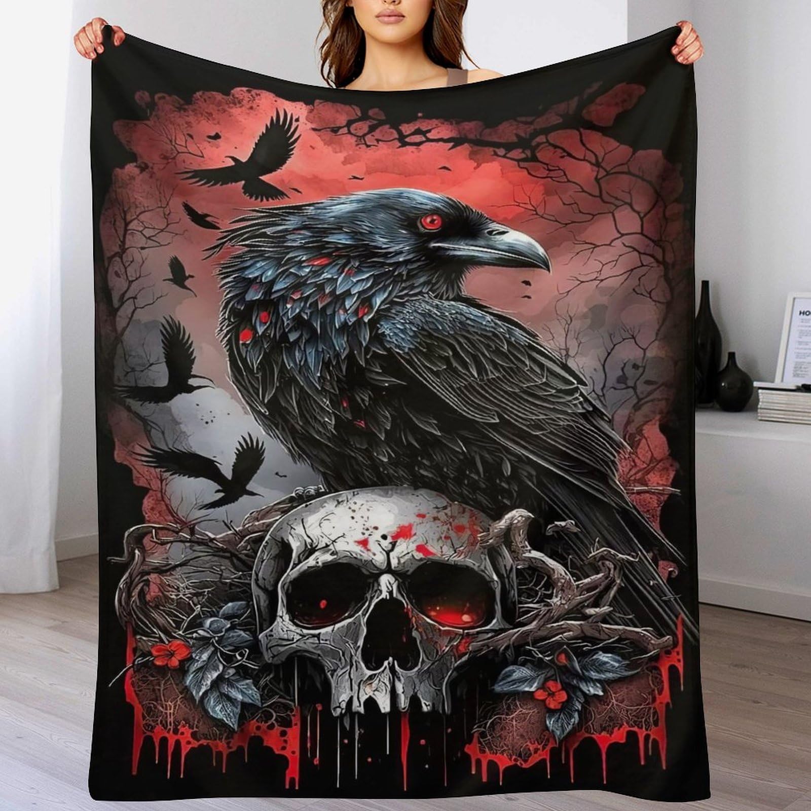 Couverture motif corbeau flannel 180x200cm anti-froid pour canapé et lit