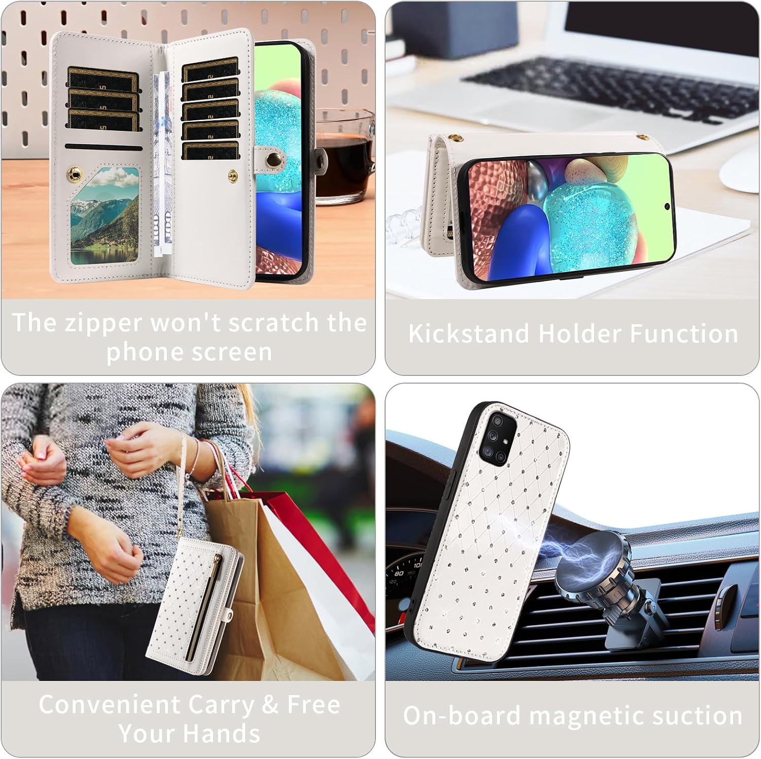 Asuwish Phone Case for Samsung Galaxy A71 5G Zipper Wallet Detachable Magnetic Cell Cover with Tempered Glass Screen Protector Crossbody Strap Bling Flip Credit Card Holder A 71 G5 71A S71 Women White