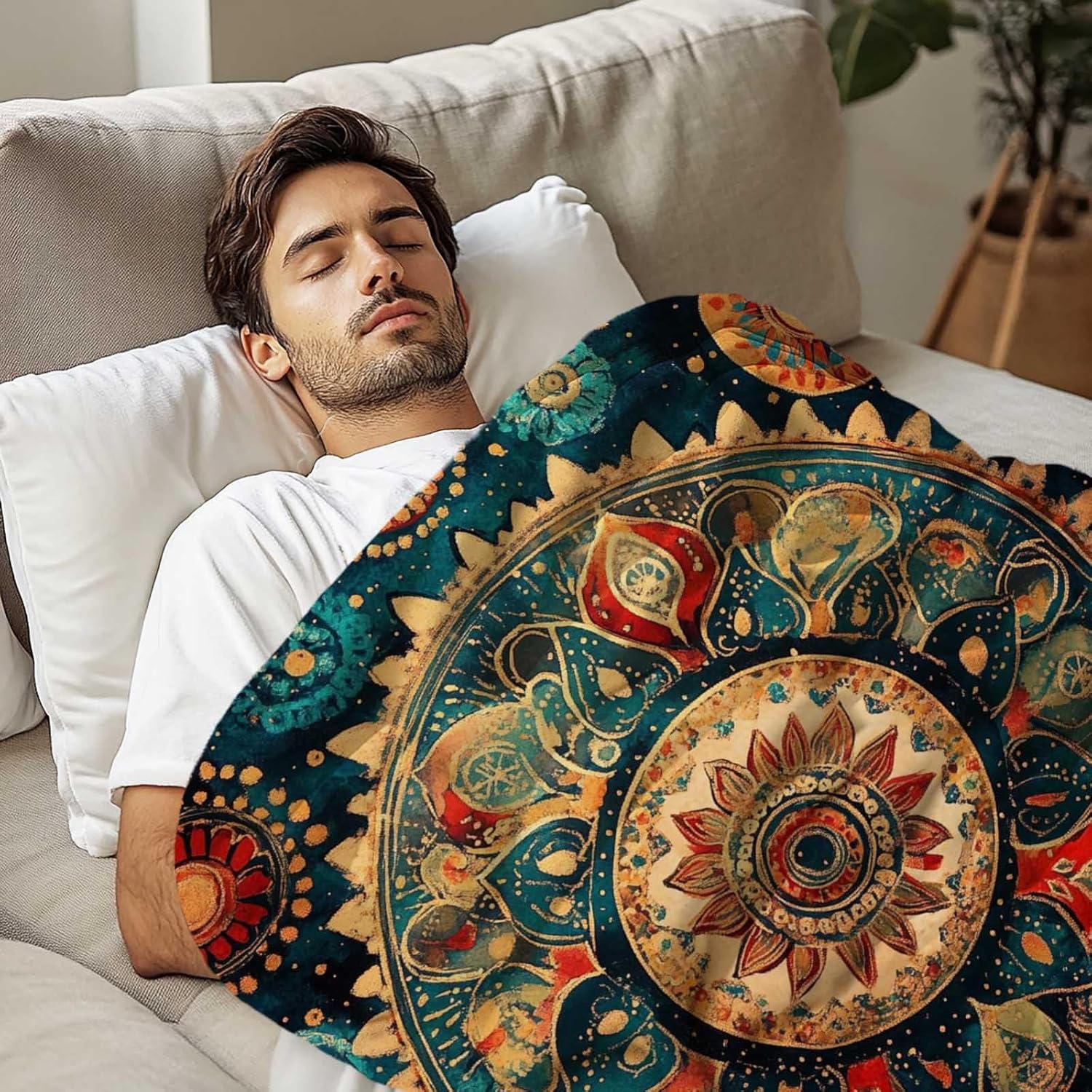 Bohemian Mandala Throw Blanket, Decorative Floral Pattern with Vivid Red Tones, Soft Lightweight Fleece Blanket for Couch, Bed, or Office, Cozy and Stylish for All Ages, 60"x50"